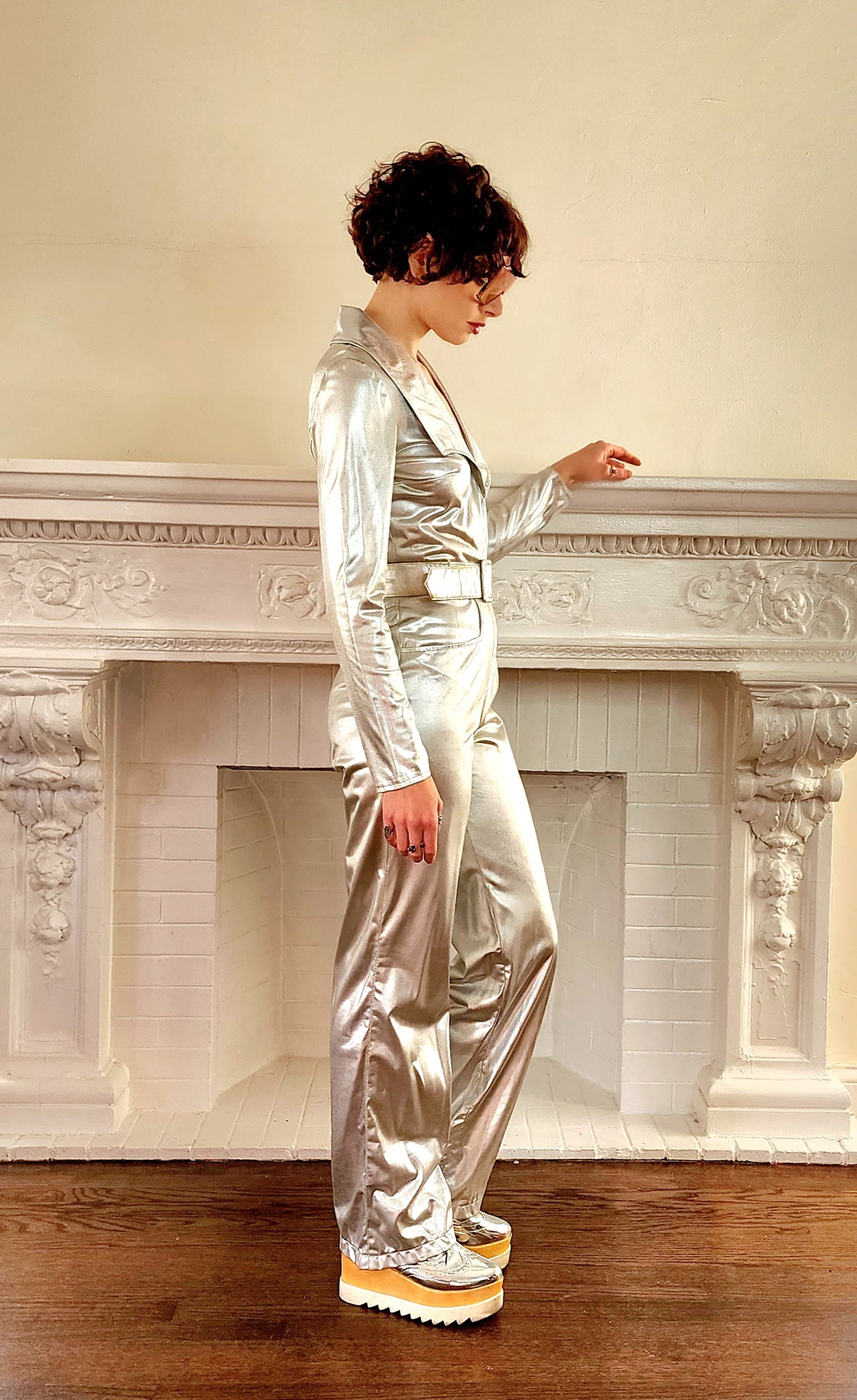 Original 70s Silver Jumpsuit Space Age Disco Dancer/ Zip Front w/Belt, by Funky / S