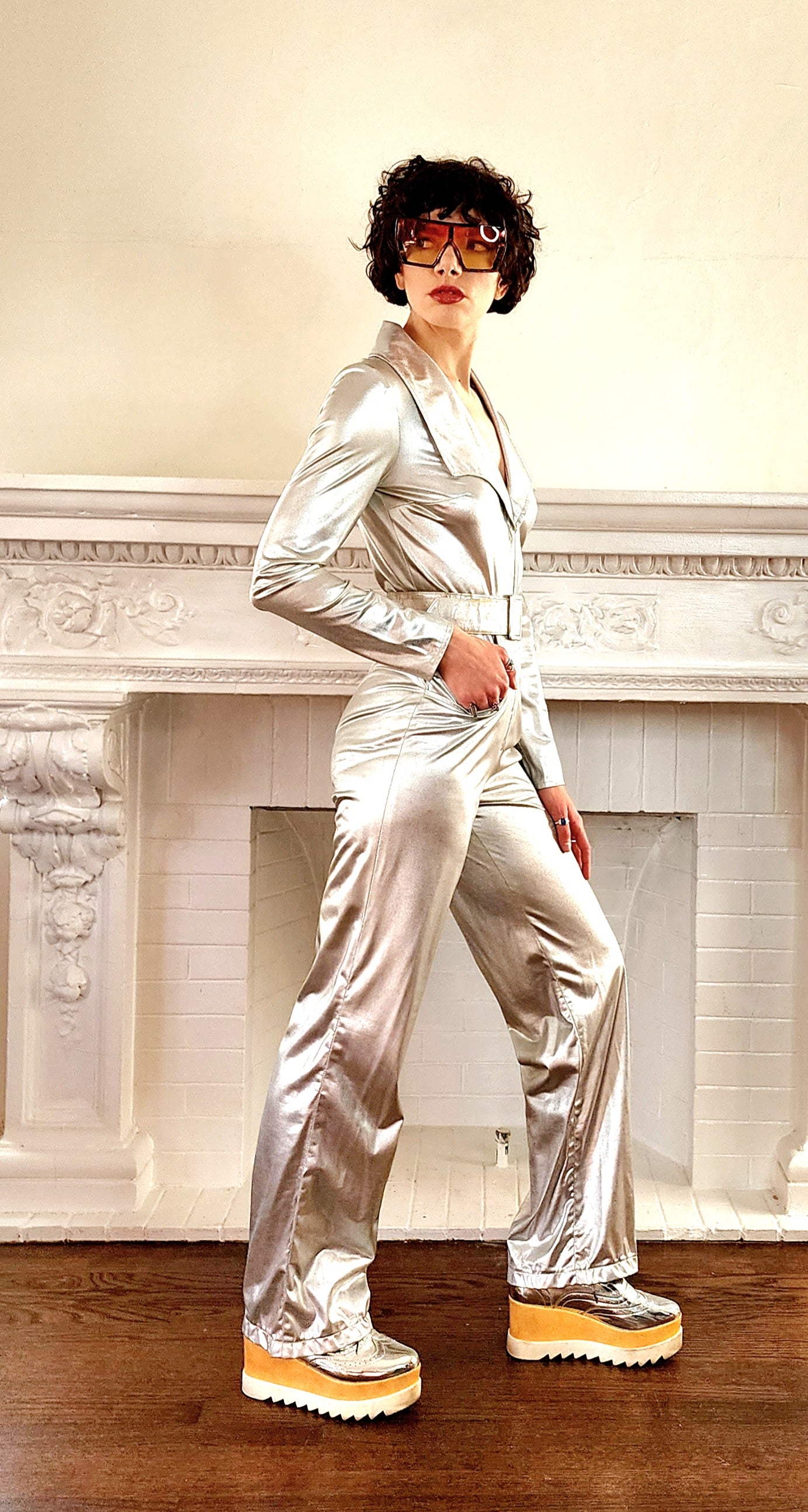 Original 70s Silver Jumpsuit Space Age Disco Dancer/ Zip Front w/Belt, by Funky / S
