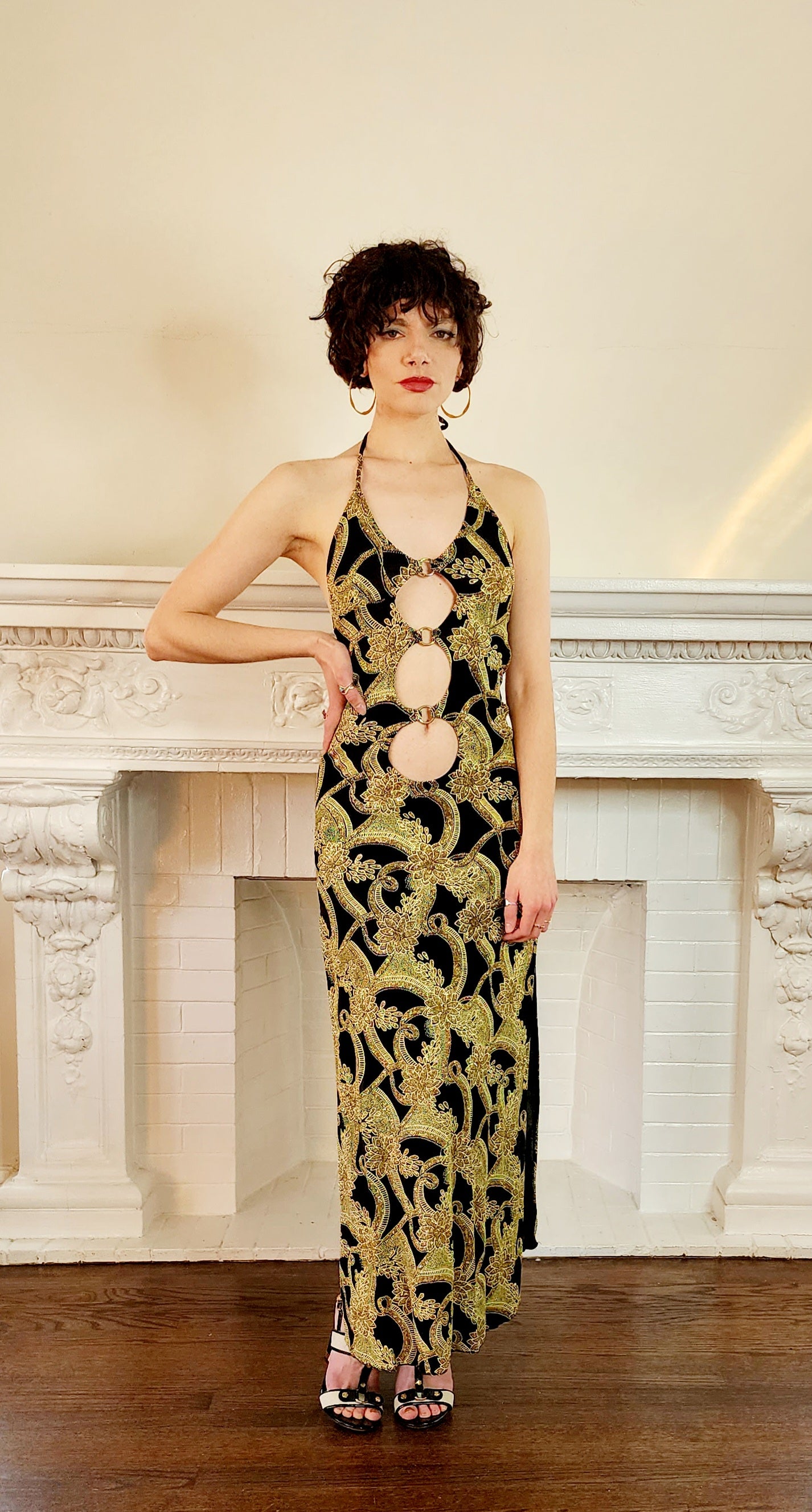 70s Disco Dress in Black with Gold Sparkle, Halter Style w/ Cutouts, Open Back & Deep Side Slits / S