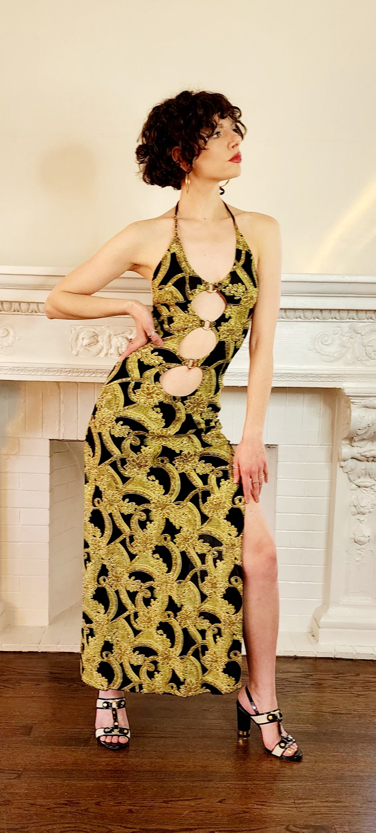 70s Disco Dress in Black with Gold Sparkle, Halter Style w/ Cutouts, Open Back & Deep Side Slits / S