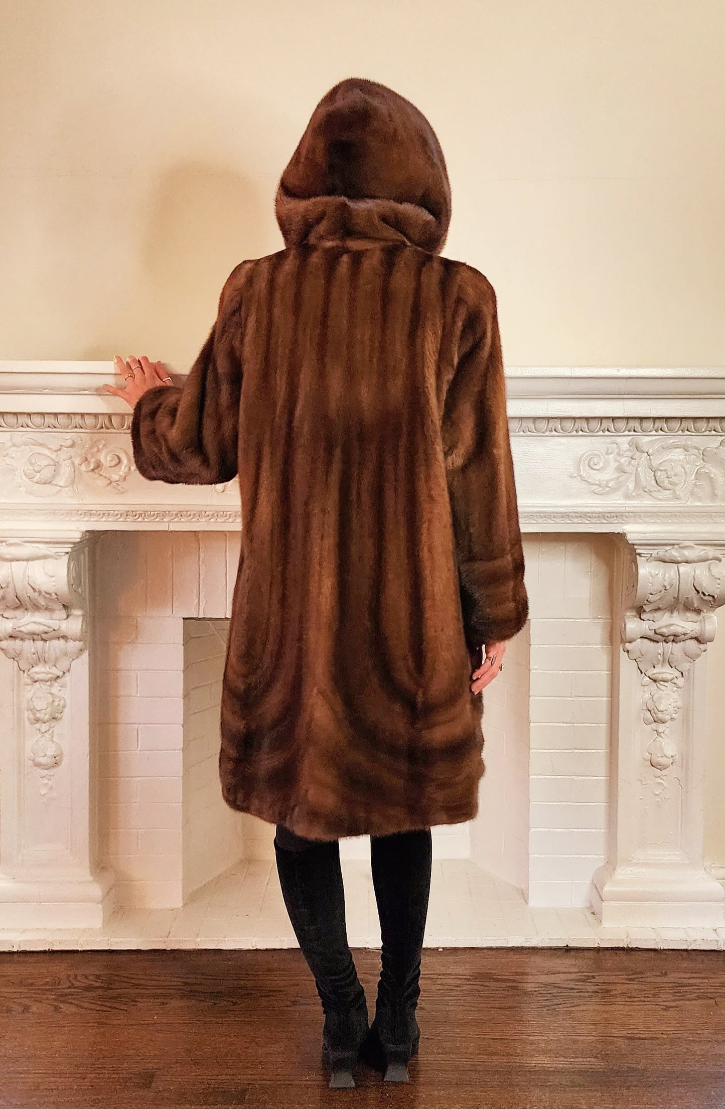 90s Brown Mink Fur Stroller Coat, Hooded & Swing Style / S
