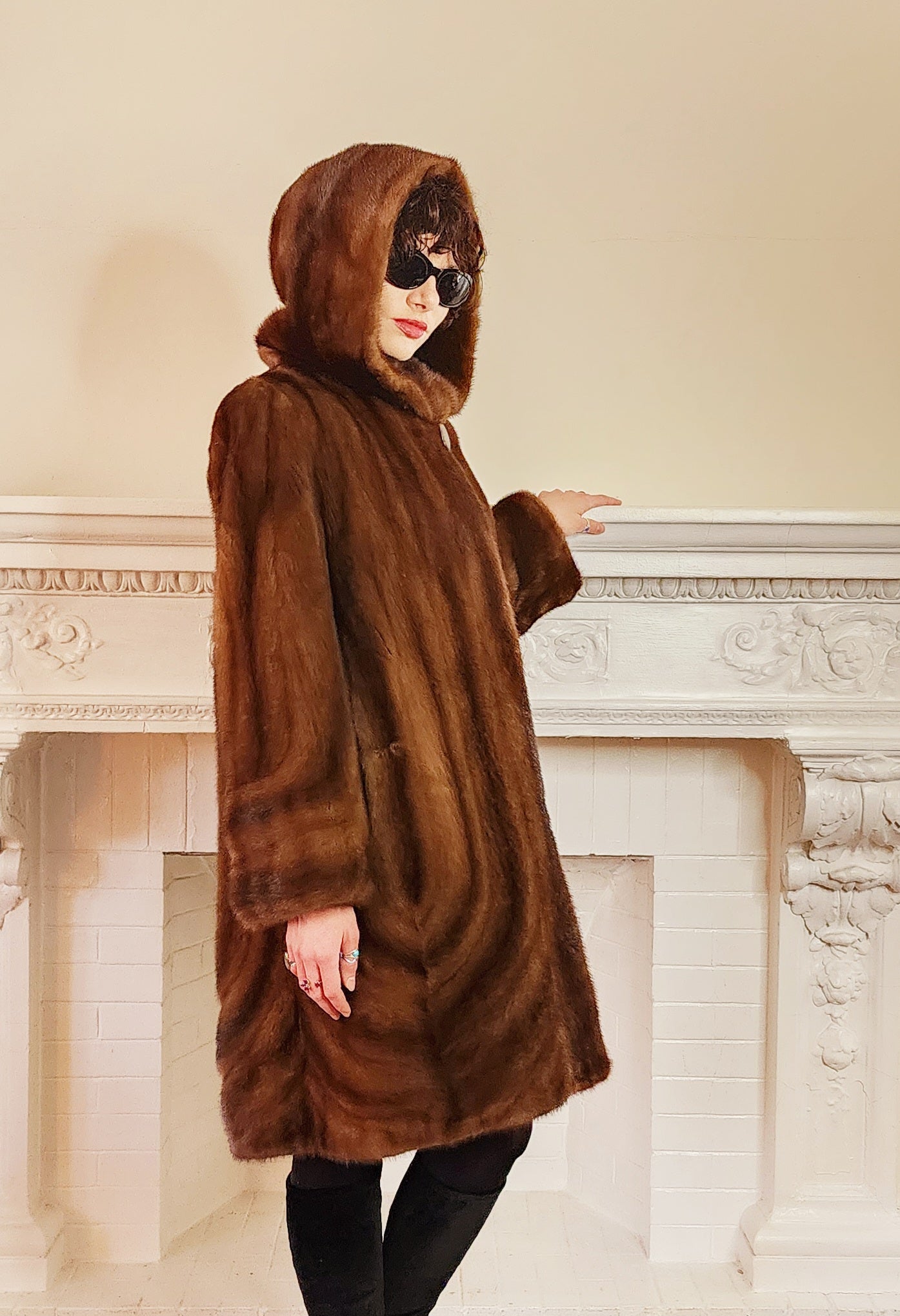 90s Brown Mink Fur Stroller Coat, Hooded & Swing Style / S