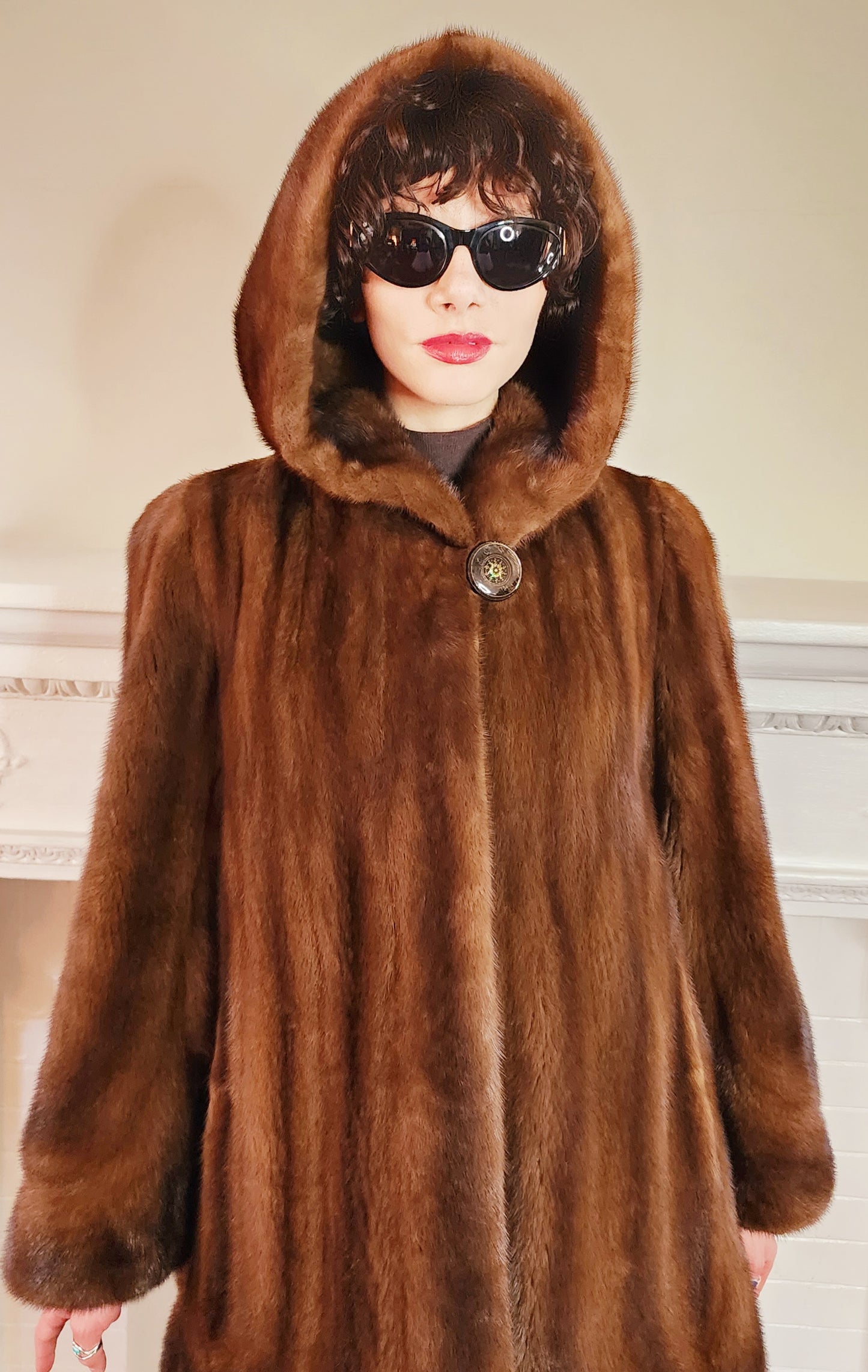 90s Brown Mink Fur Stroller Coat, Hooded & Swing Style / S