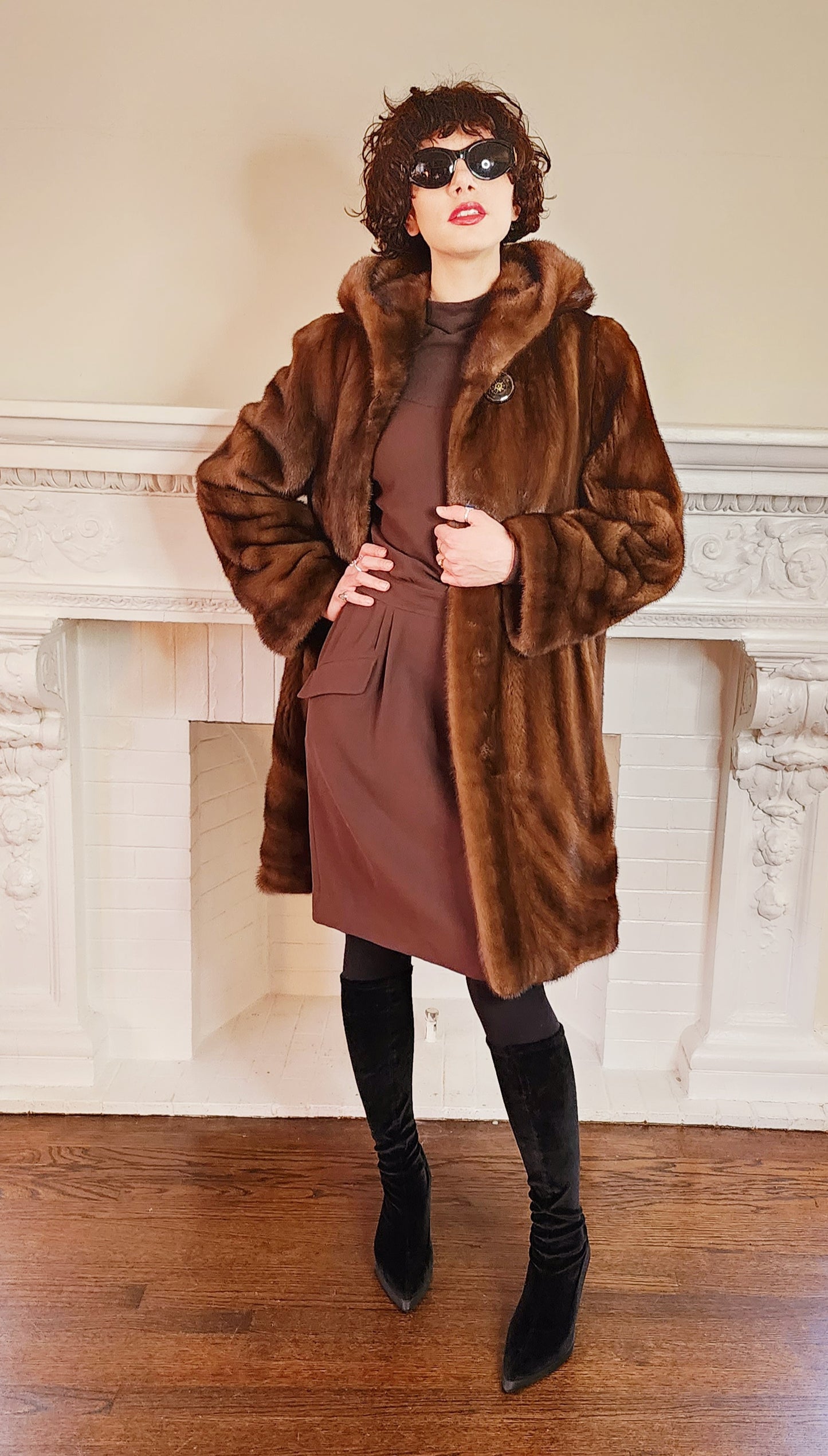 90s Brown Mink Fur Stroller Coat, Hooded & Swing Style / S