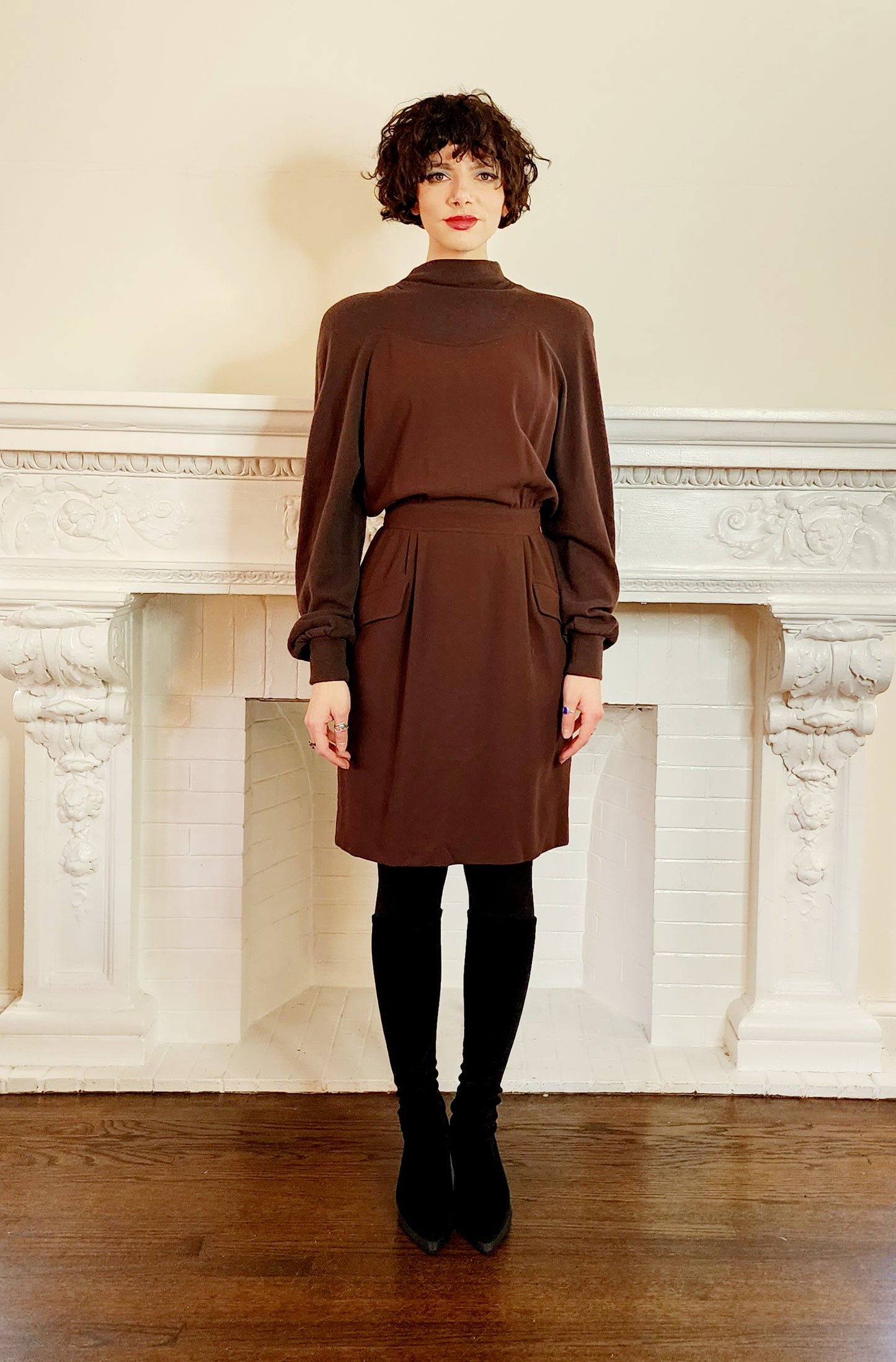 80s Valentino Boutique Day Dress in Two-Toned Brown, Long Sleeves