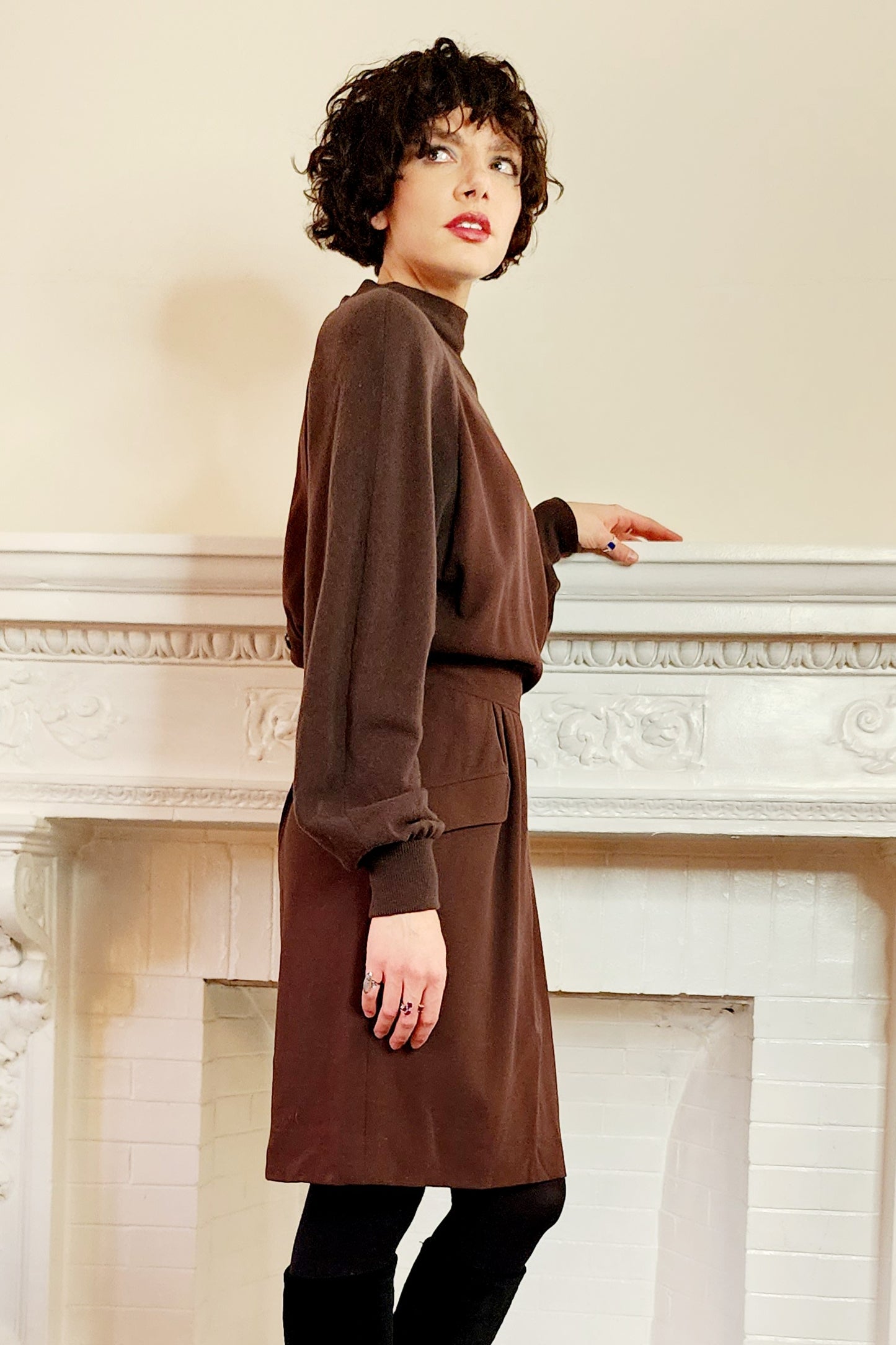 80s Valentino Boutique Day Dress in Two-Toned Brown, Long Sleeves