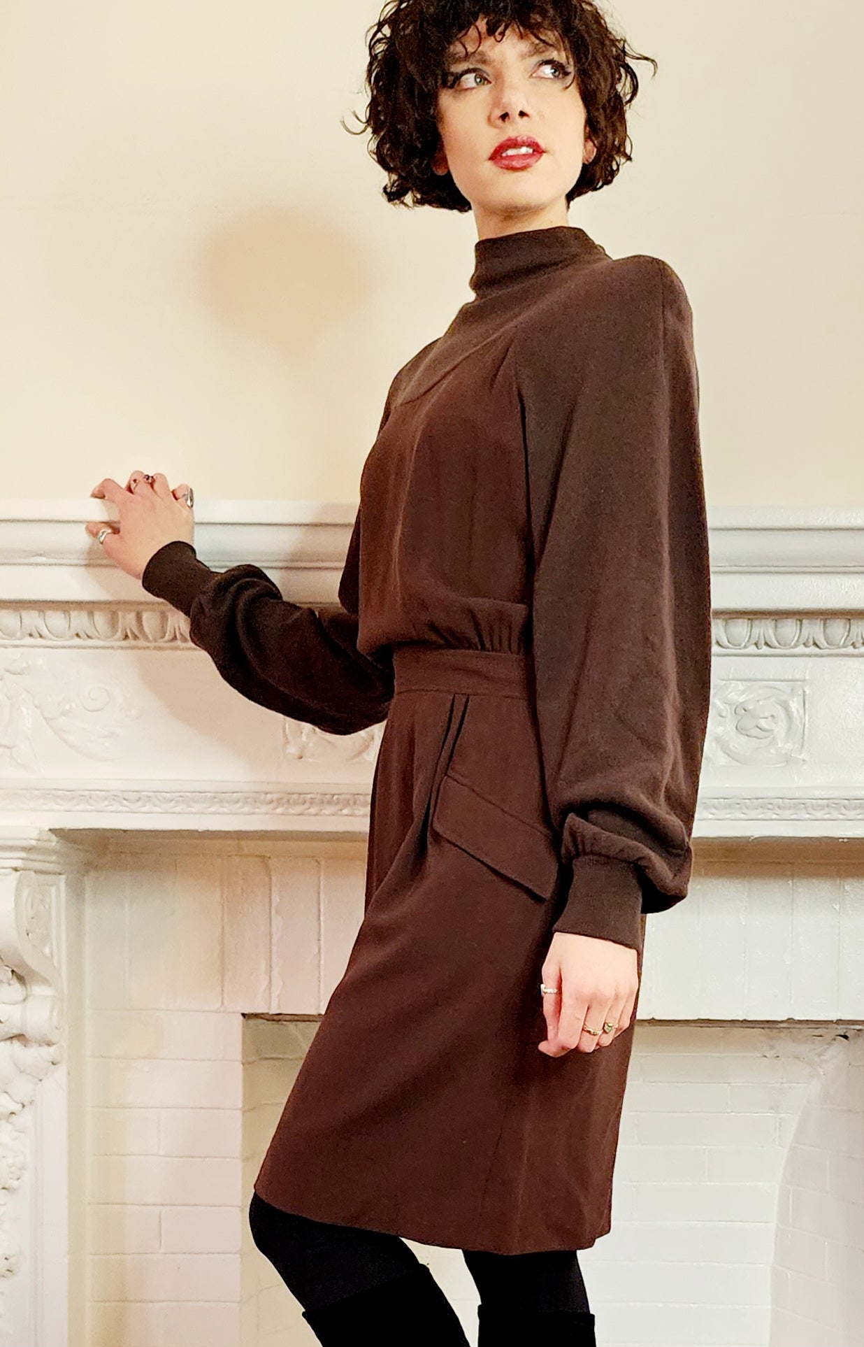 80s Valentino Boutique Day Dress in Two-Toned Brown, Long Sleeves