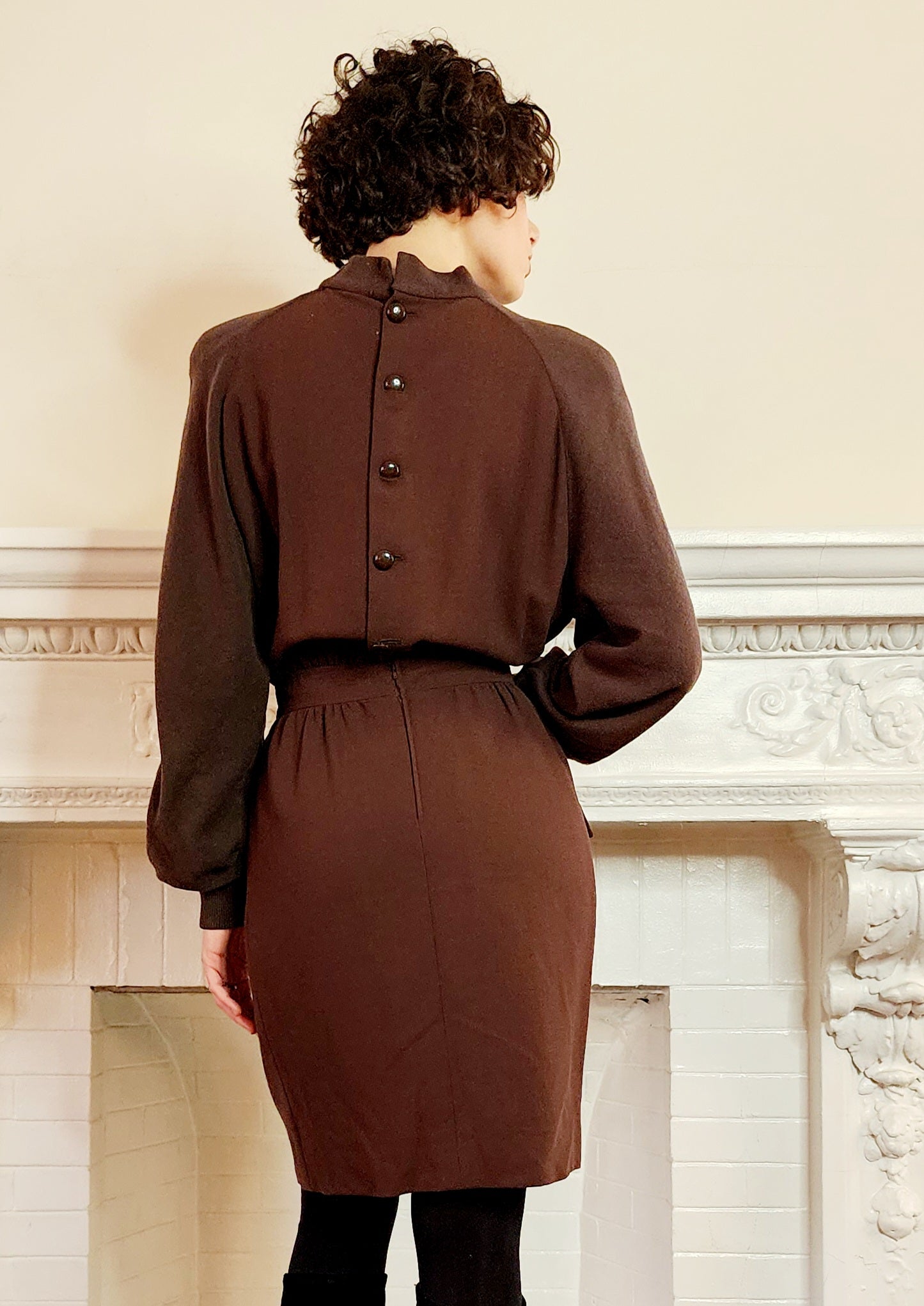 80s Valentino Boutique Day Dress in Two-Toned Brown, Long Sleeves