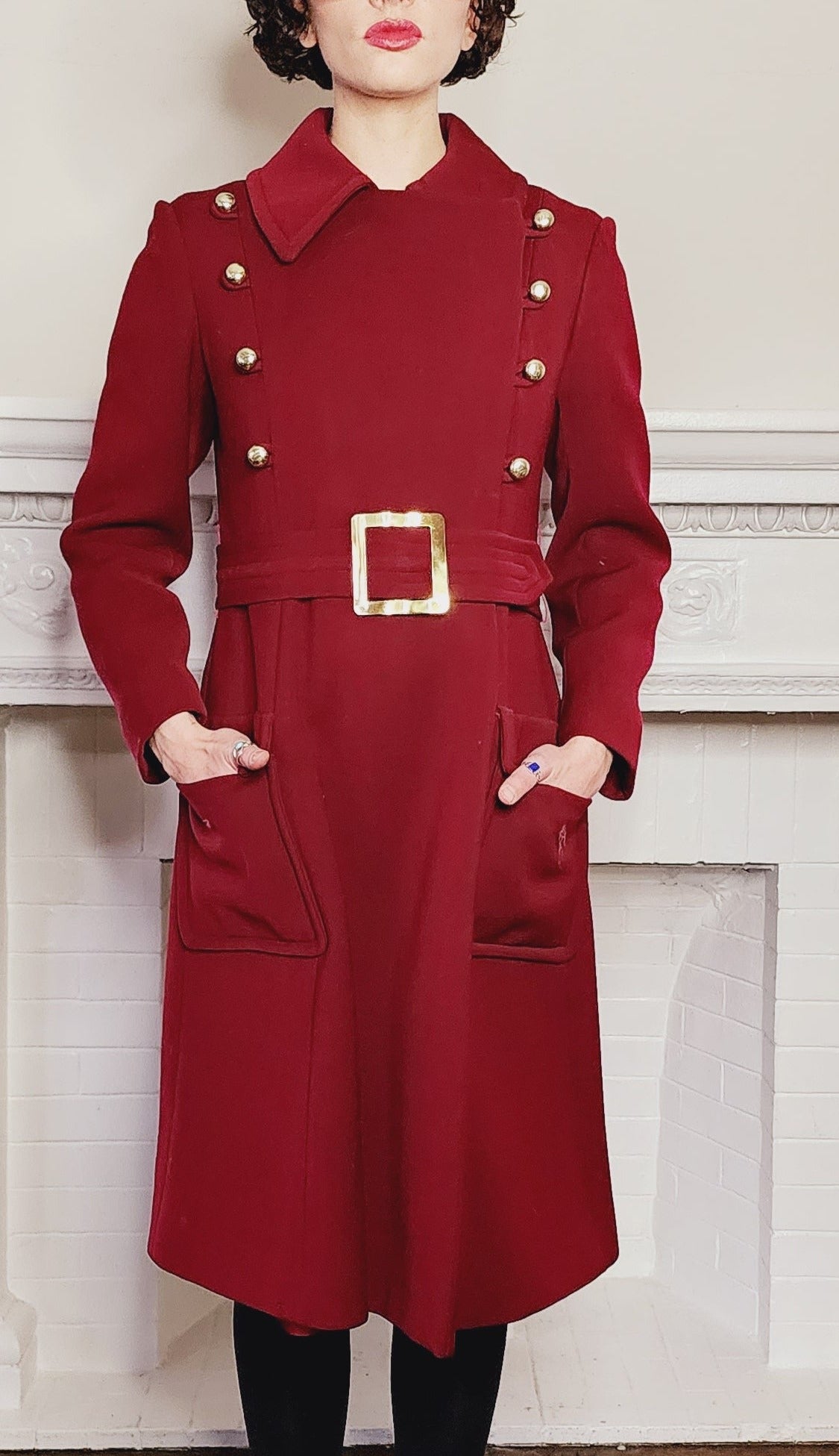 70s Burgundy Red Coat Double Breasted with Belt & Gold Buttons / M