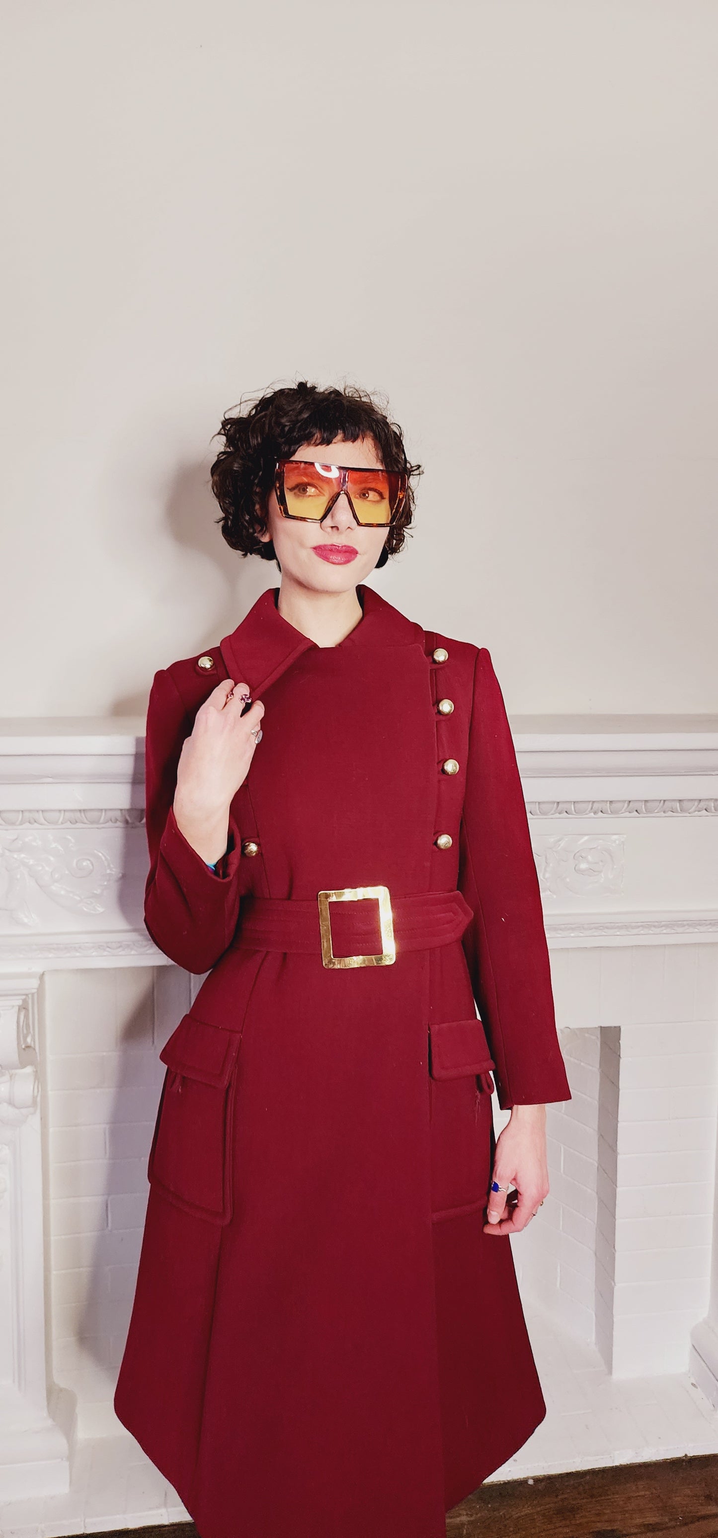 70s Burgundy Red Coat Double Breasted with Belt & Gold Buttons / M