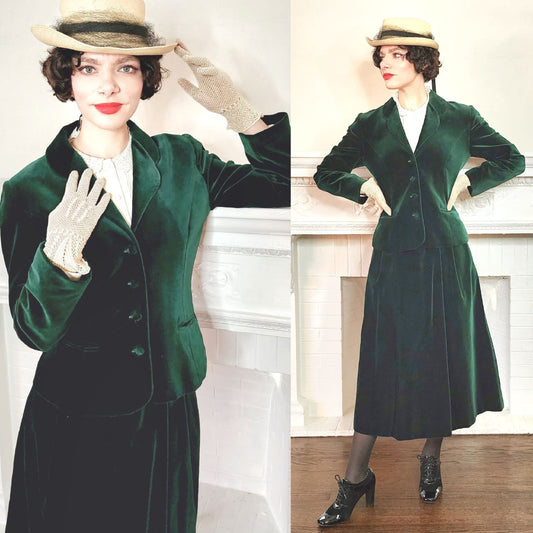 80s Laura Ashley Skirt Suit in Green Velvet, Midi Length Neo Edwardian Style / S