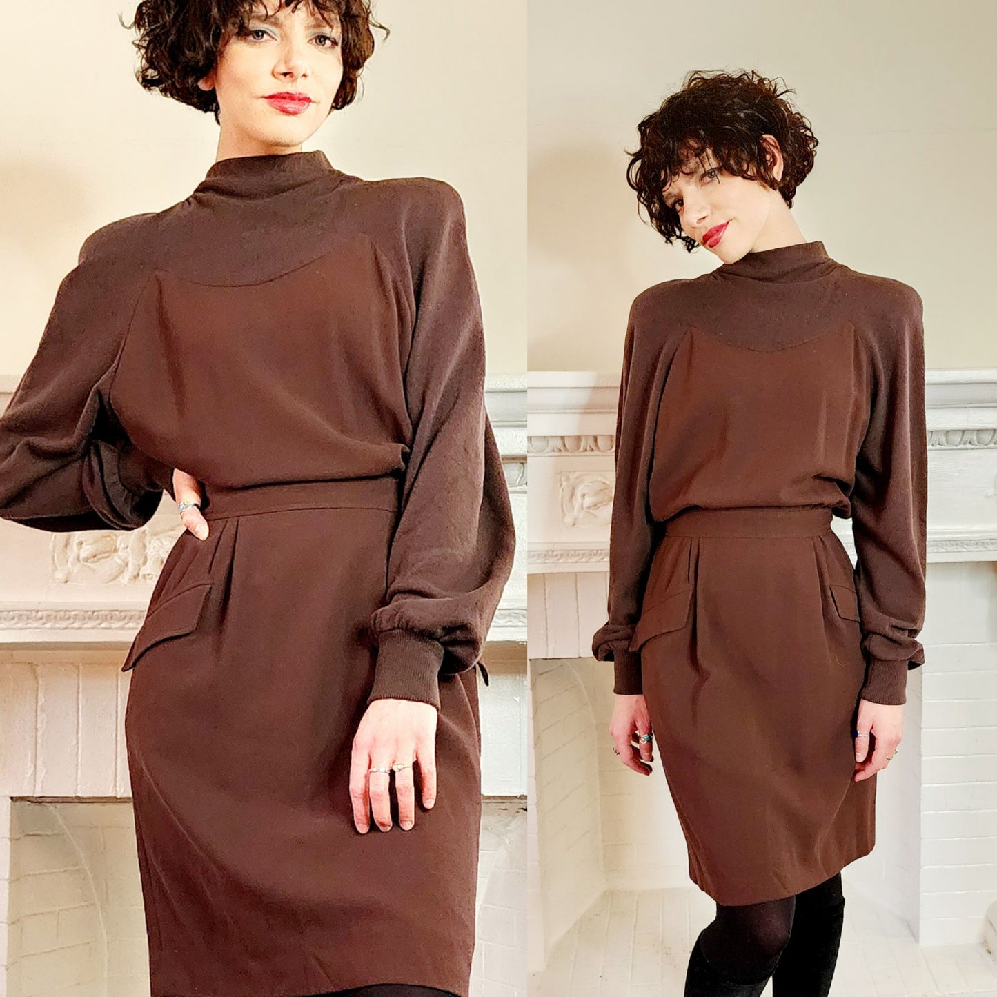 80s Valentino Boutique Day Dress in Two-Toned Brown, Long Sleeves