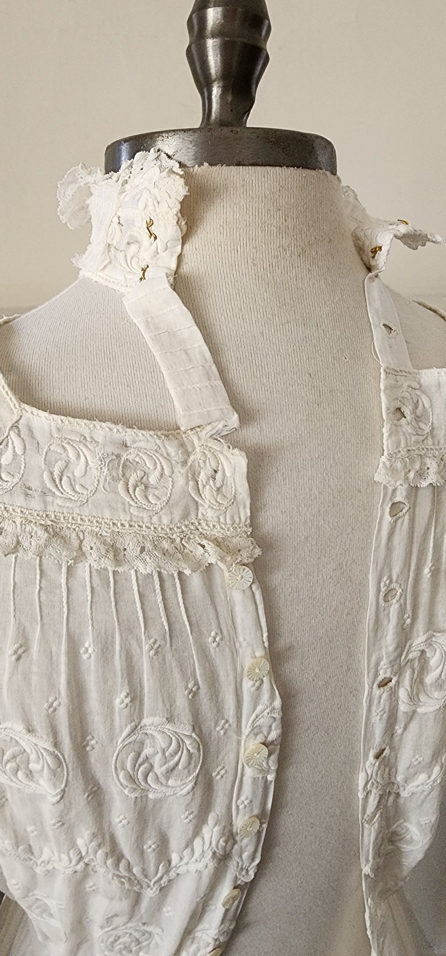 Antique Edwardian Lawn Dress / White Cotton Lace Embroidery AS IS