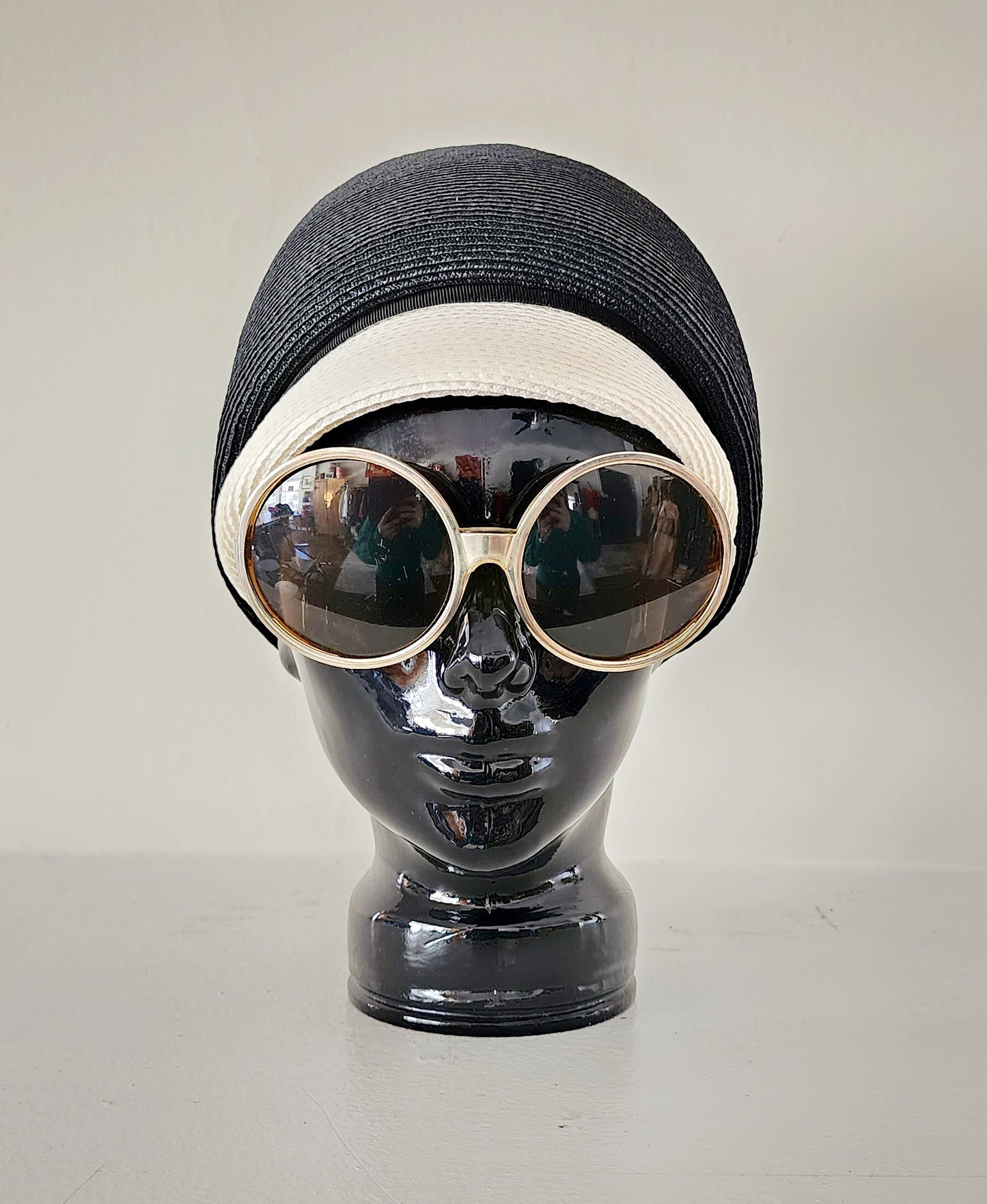 60s Mod Hat in Black & White Straw Domed Cloche by Doree of New York