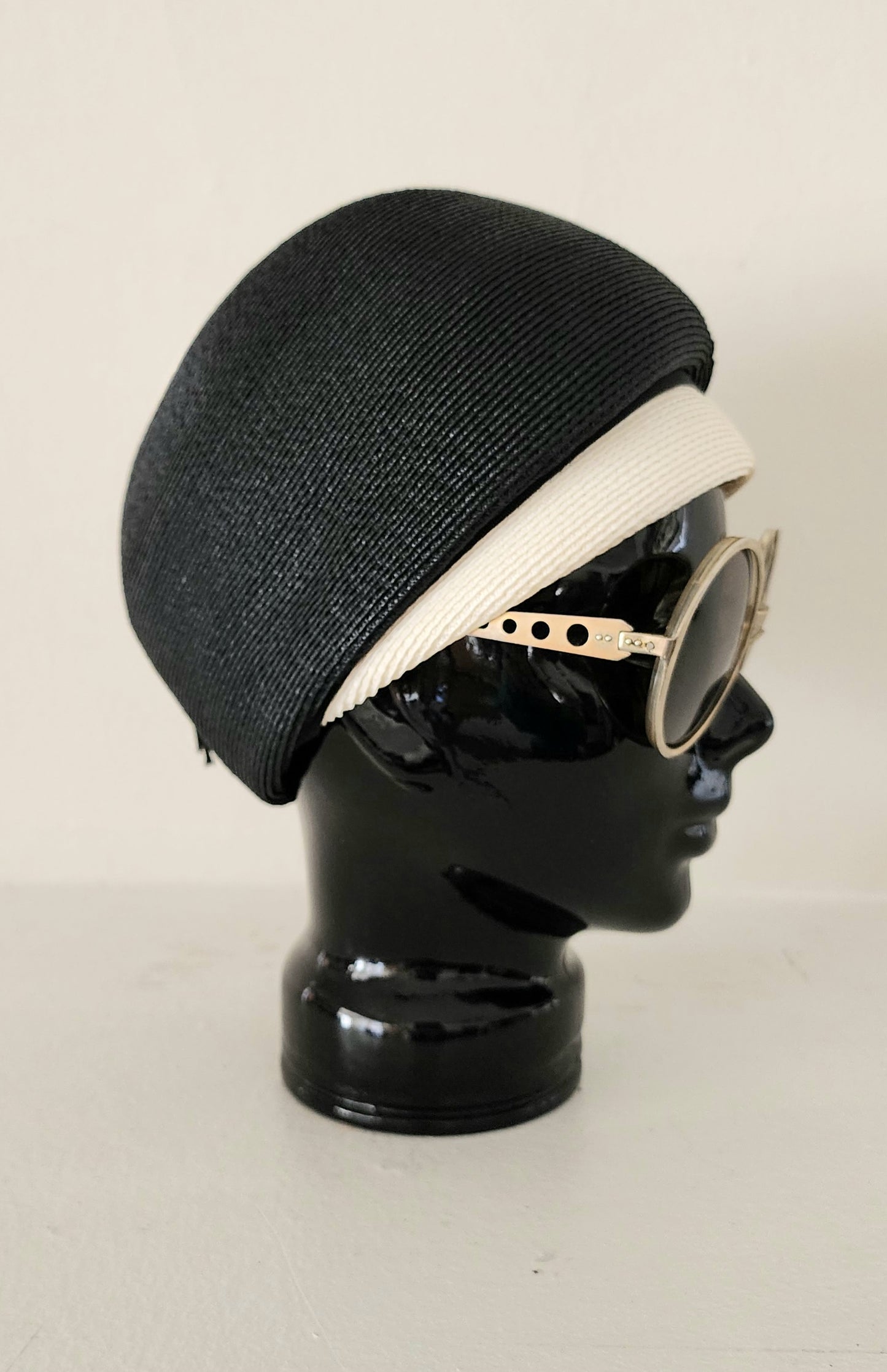 60s Mod Hat in Black & White Straw Domed Cloche by Doree of New York