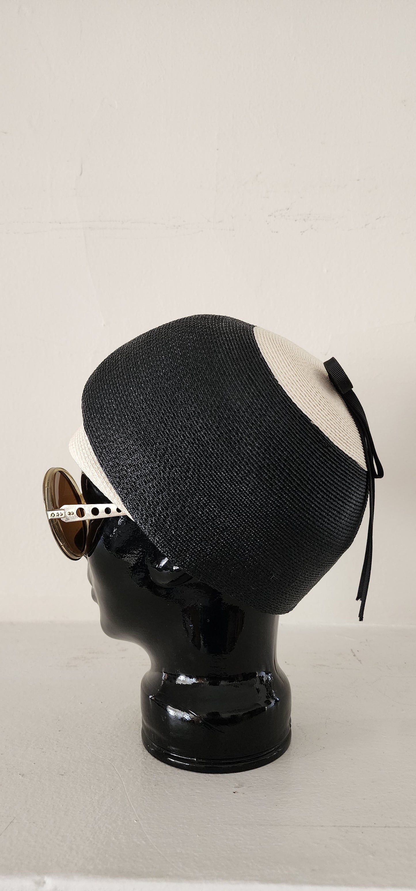 60s Mod Hat in Black & White Straw Domed Cloche by Doree of New York