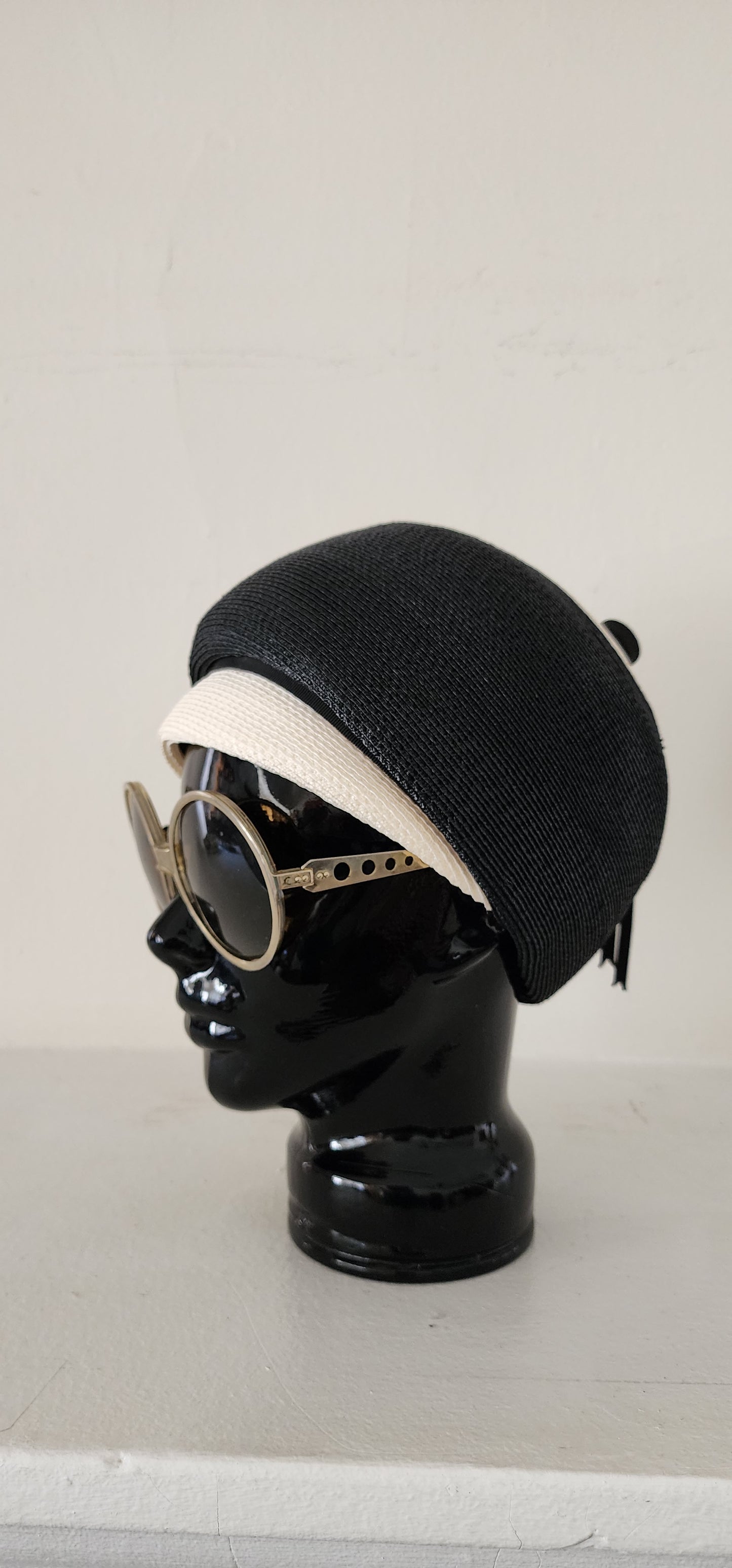 60s Mod Hat in Black & White Straw Domed Cloche by Doree of New York