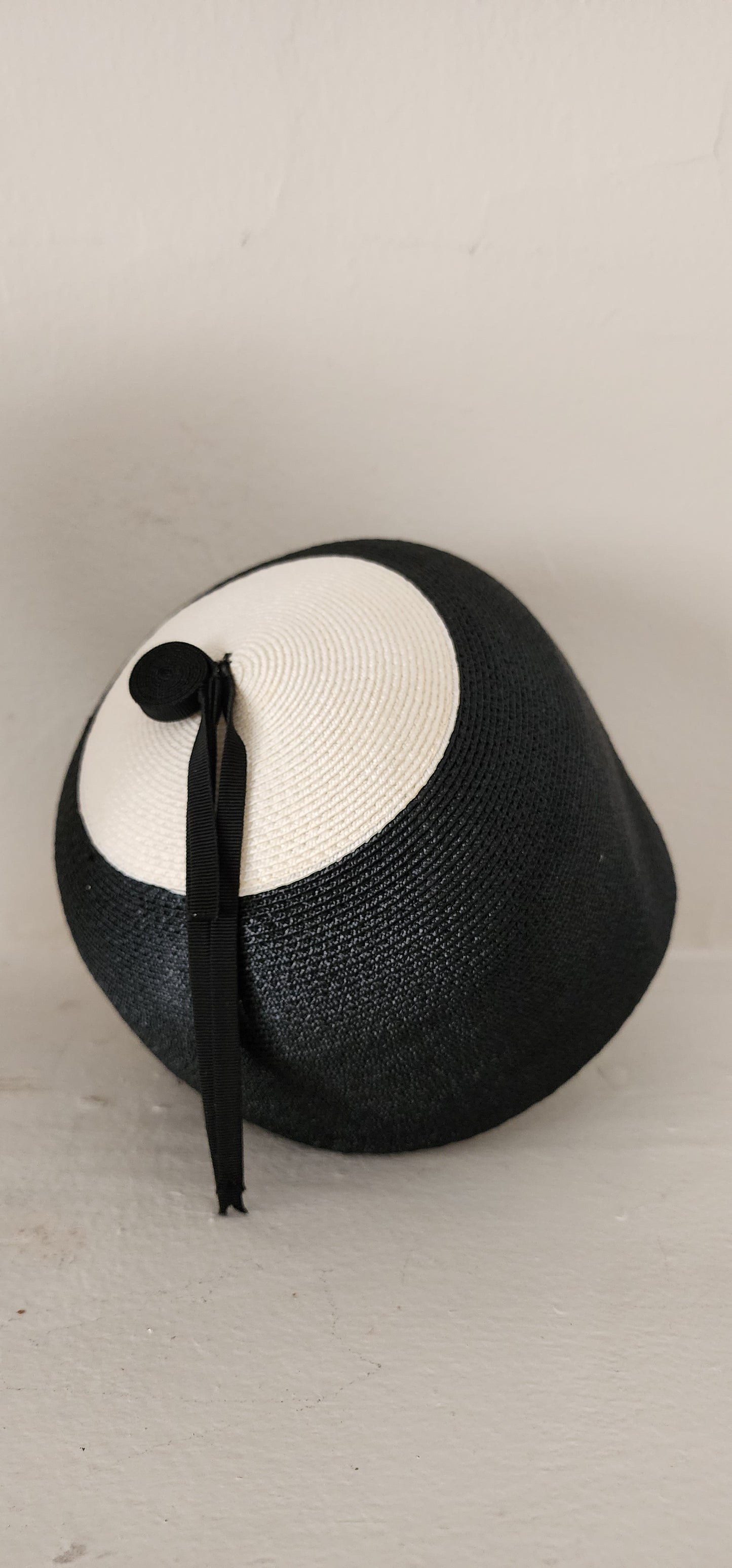 60s Mod Hat in Black & White Straw Domed Cloche by Doree of New York