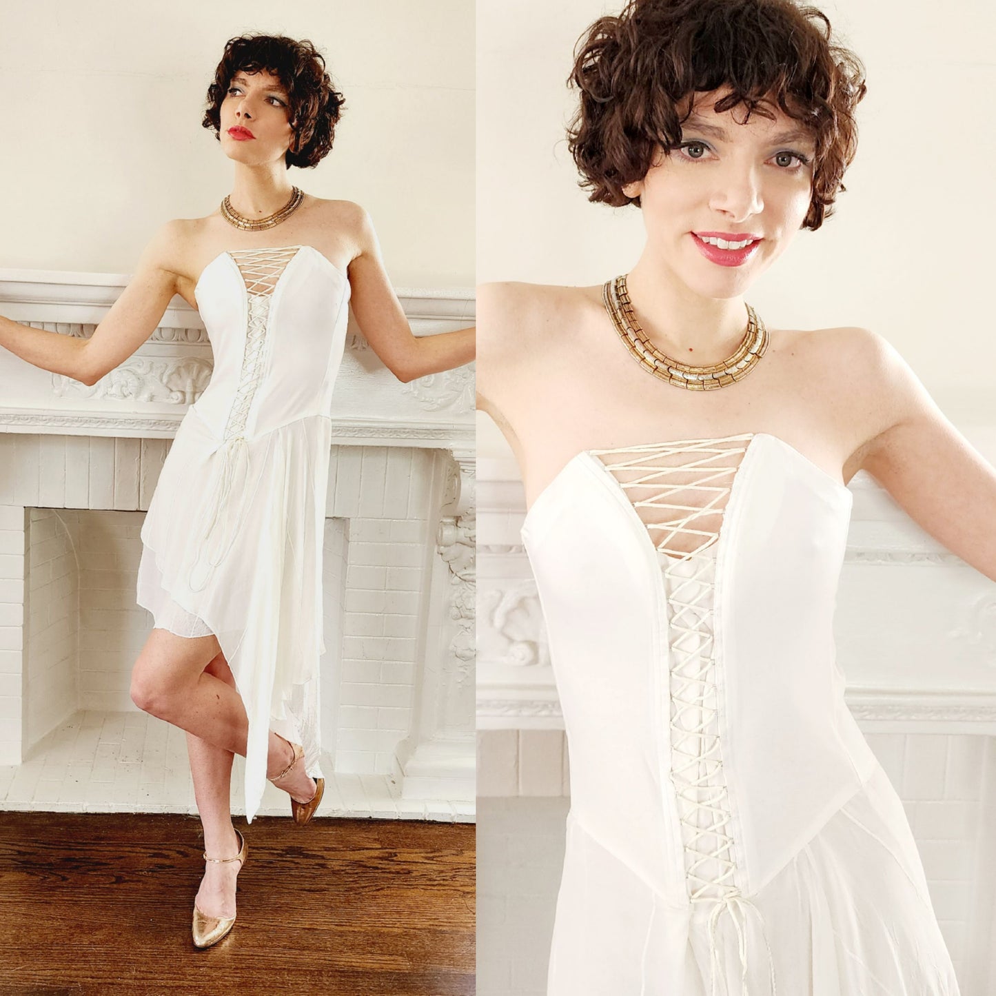 White Corset Lace Dress Asymmetrical Hem / Strapless Party Dress