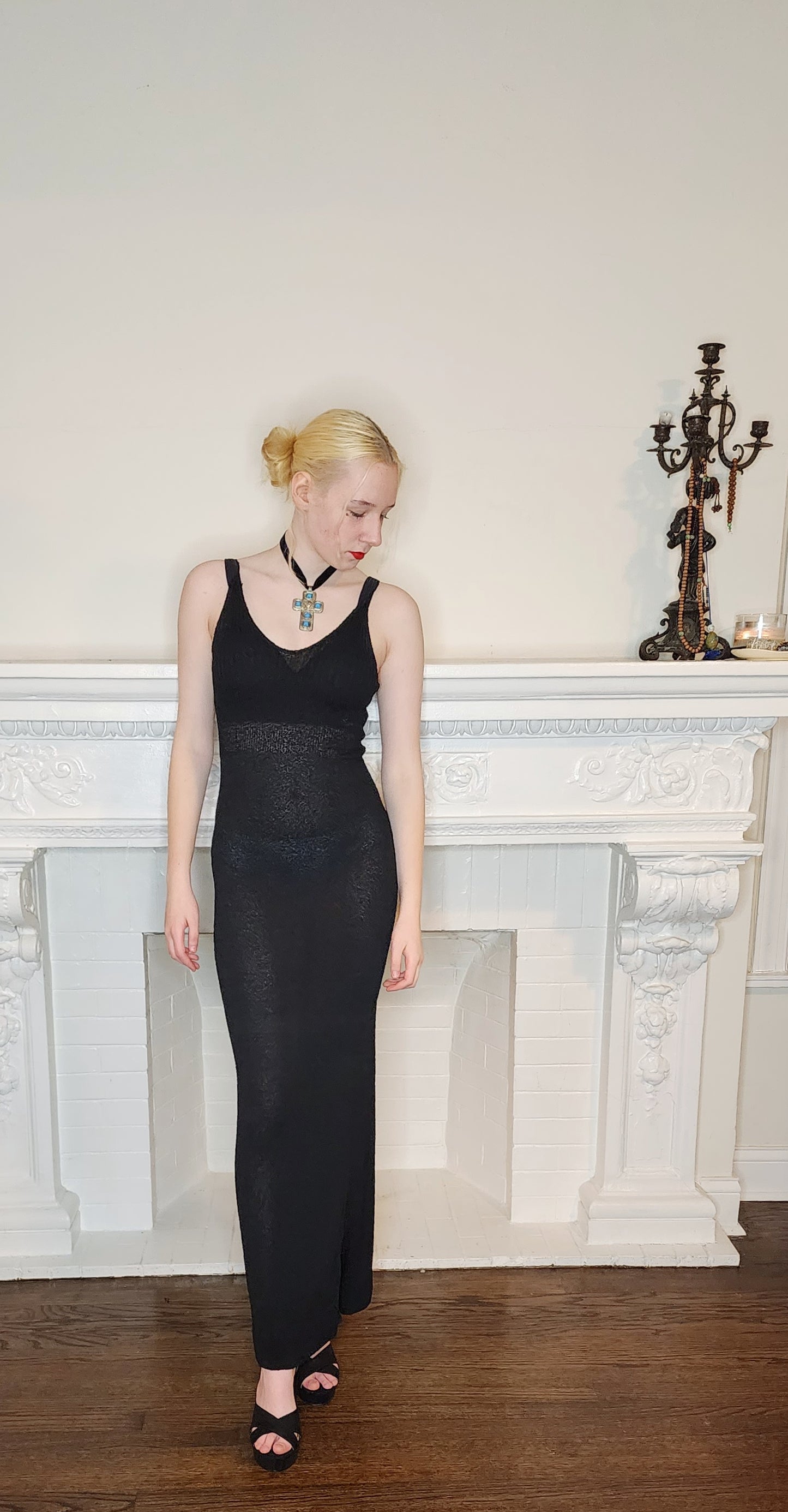 90s Black Knit Evening Dress with Spaghetti Straps / Minimalist Elegance / S
