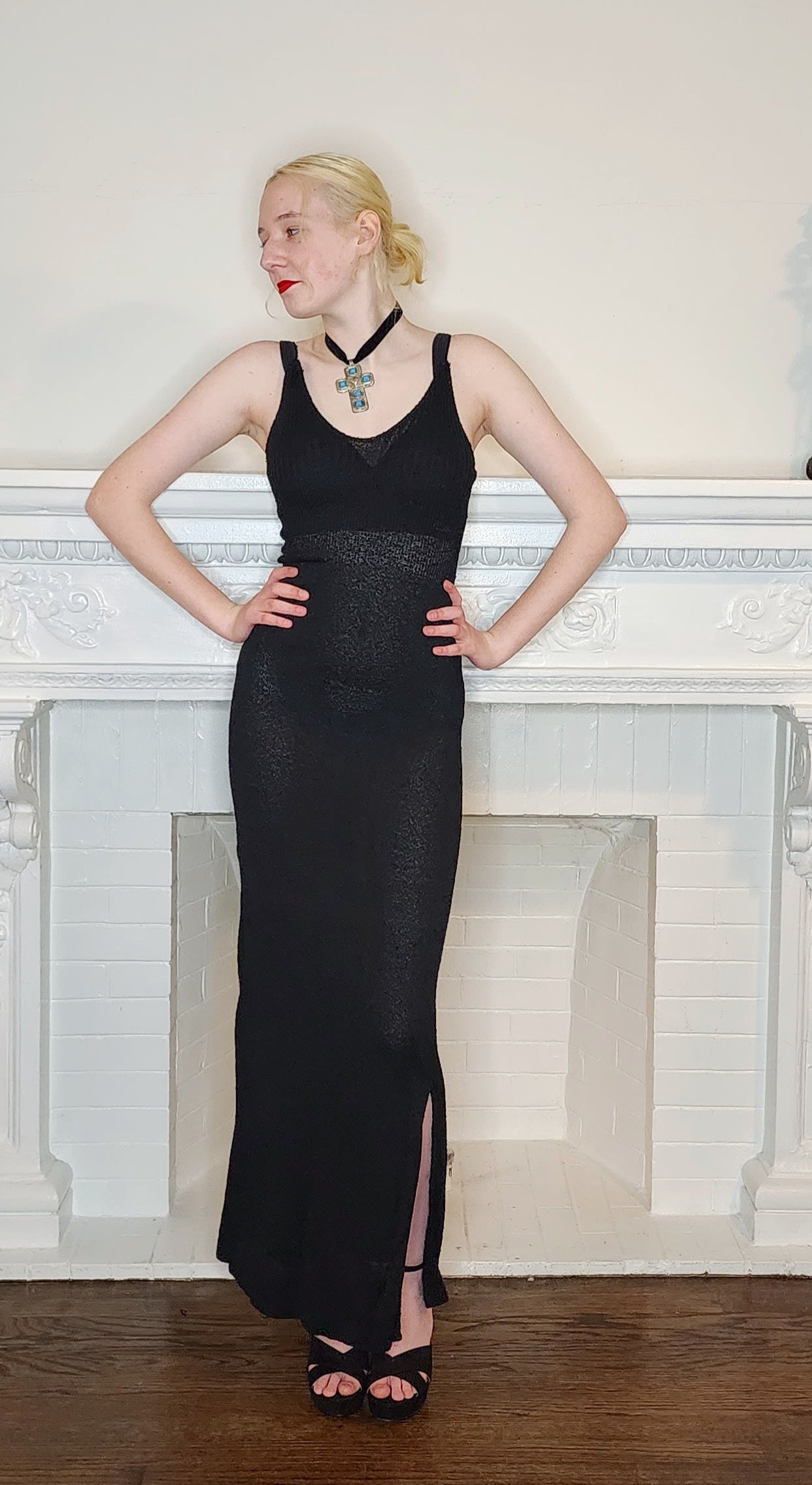 90s Black Knit Evening Dress with Spaghetti Straps / Minimalist Elegance / S