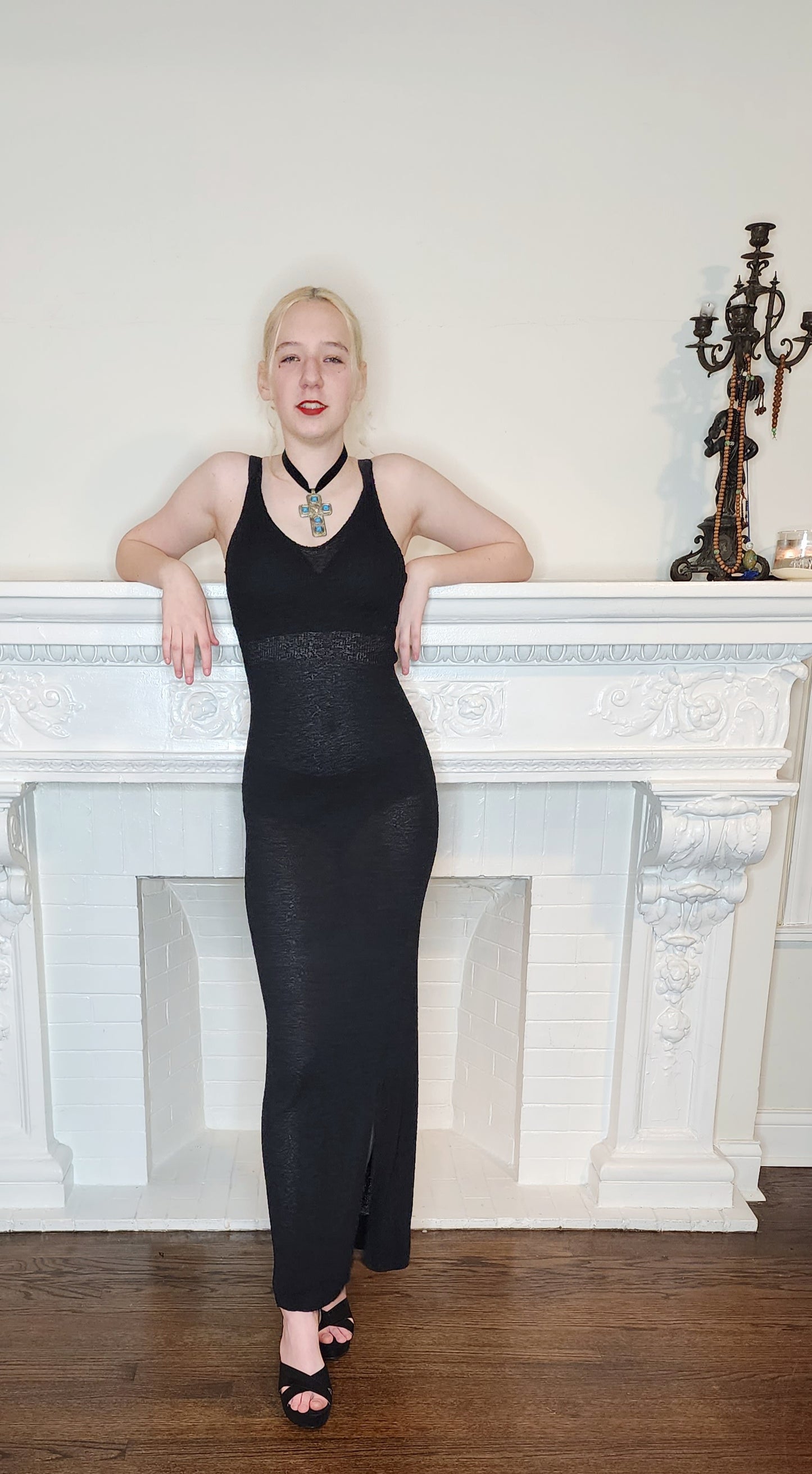 90s Black Knit Evening Dress with Spaghetti Straps / Minimalist Elegance / S