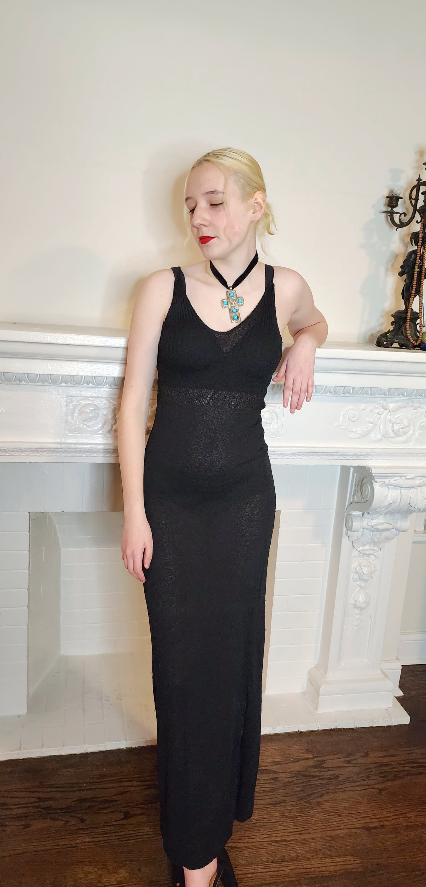 90s Black Knit Evening Dress with Spaghetti Straps / Minimalist Elegance / S