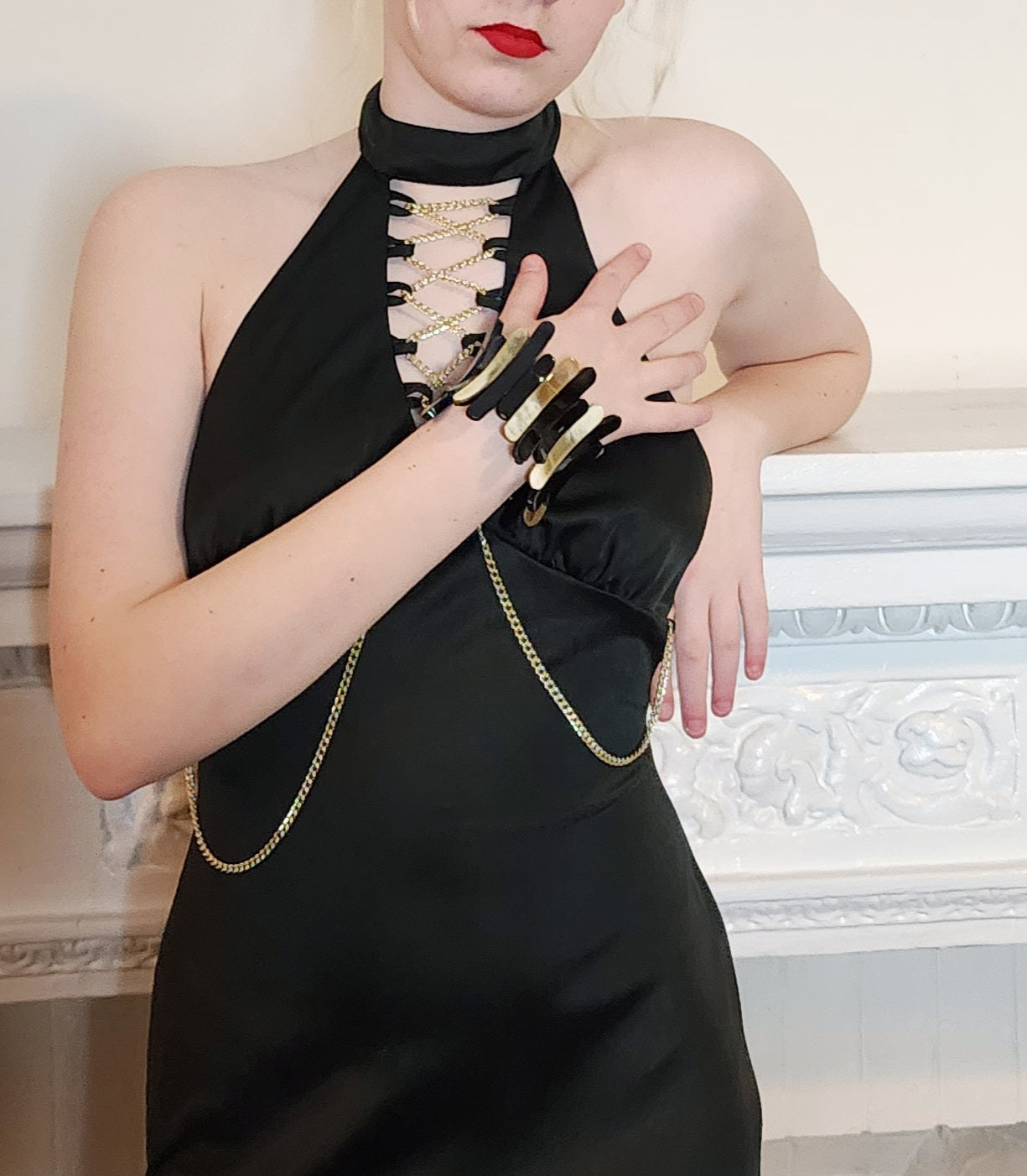 70s Bracelet in Black & Beige Stripe, Stretchy Elastic