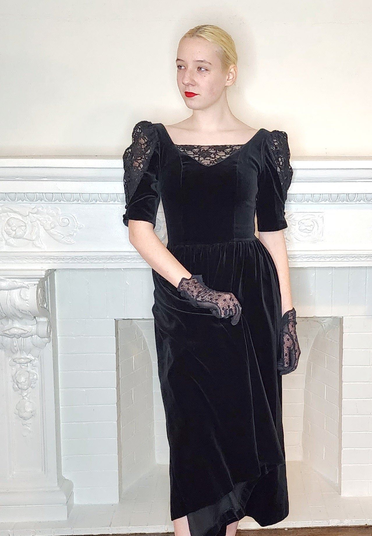 80s Black Velvet Party Dress by Laura Ashley w./ Short Puffed Sleeves / XS