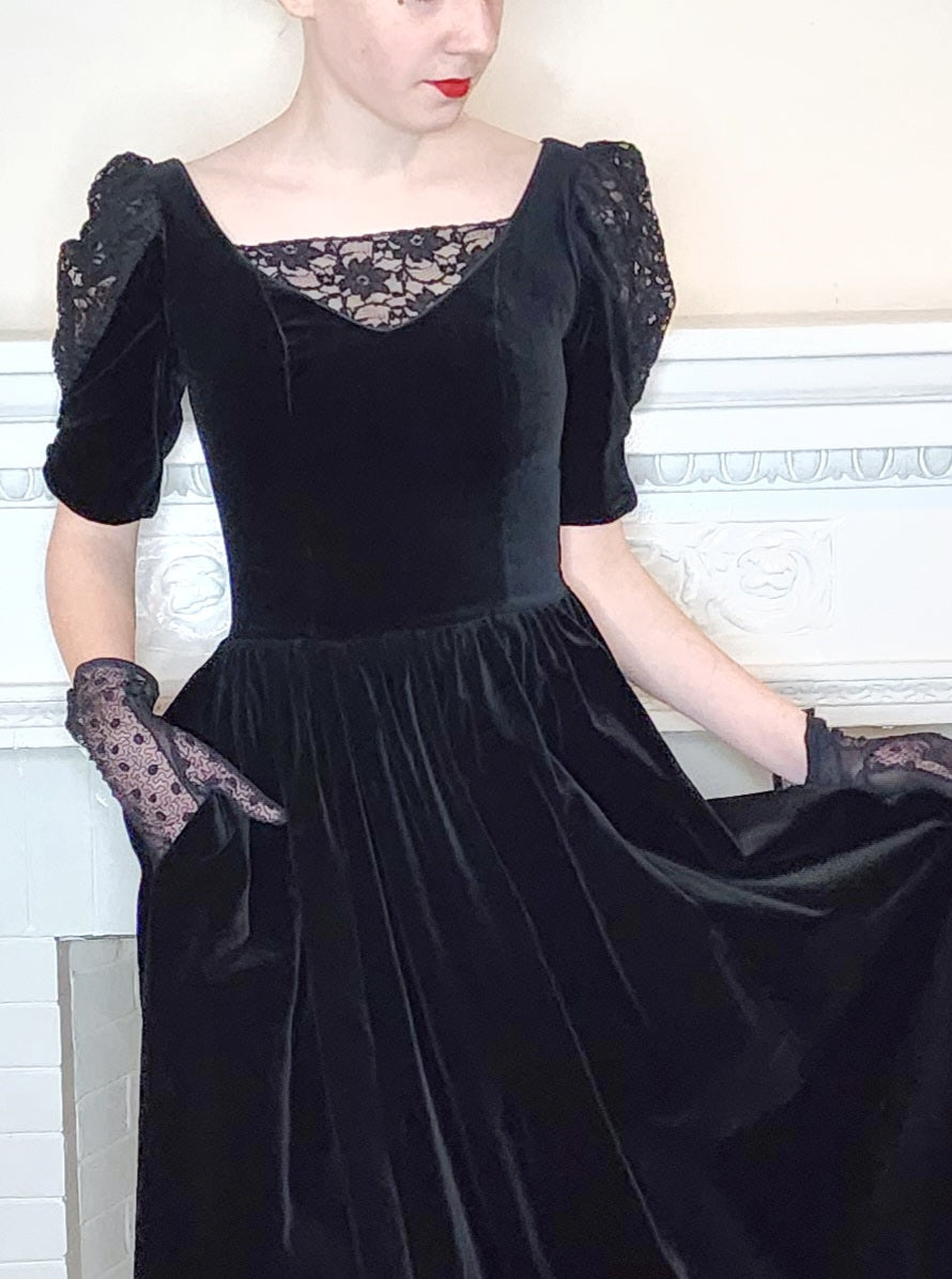 80s Black Velvet Party Dress by Laura Ashley w./ Short Puffed Sleeves / XS