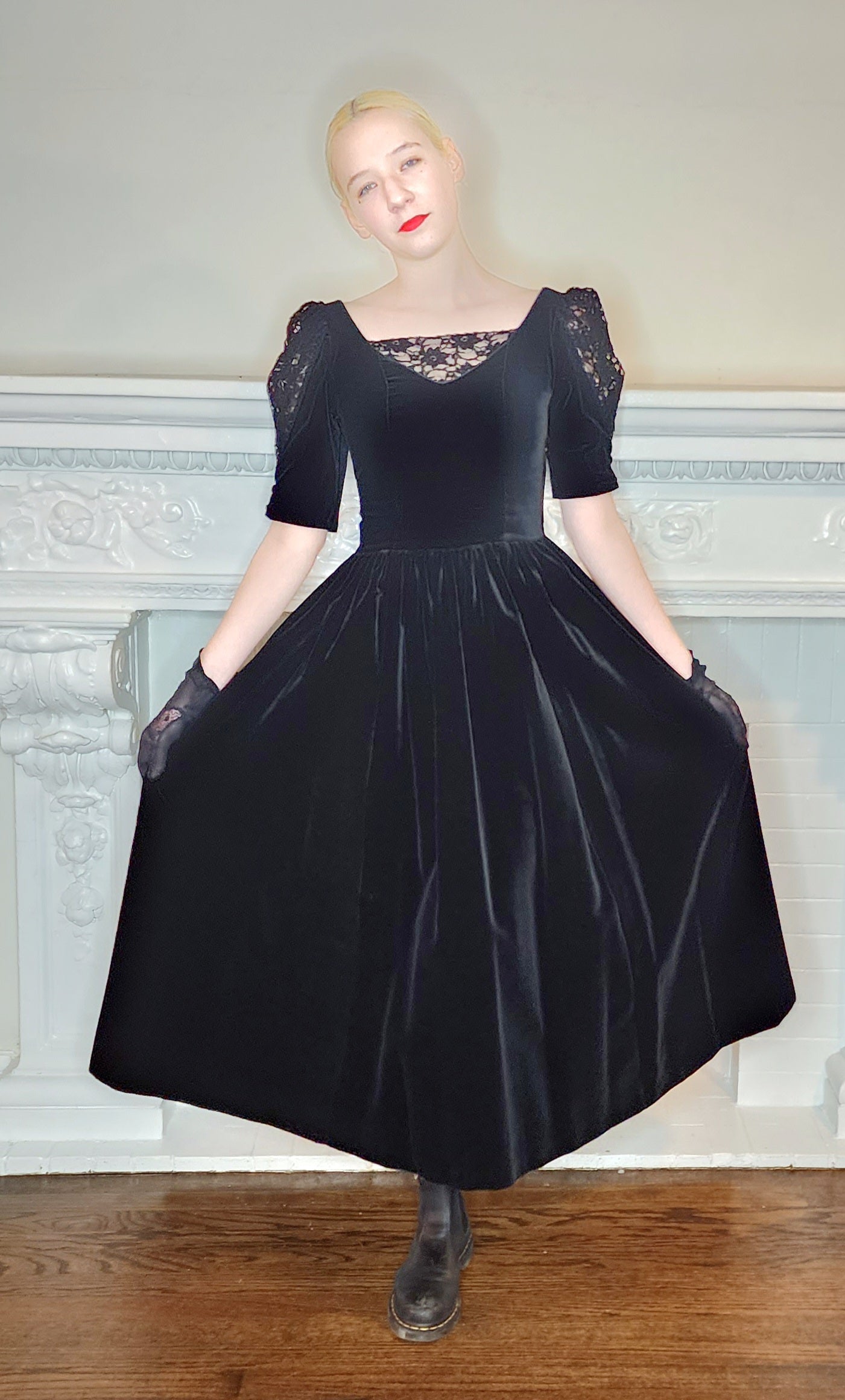 80s Black Velvet Party Dress by Laura Ashley w./ Short Puffed Sleeves / XS