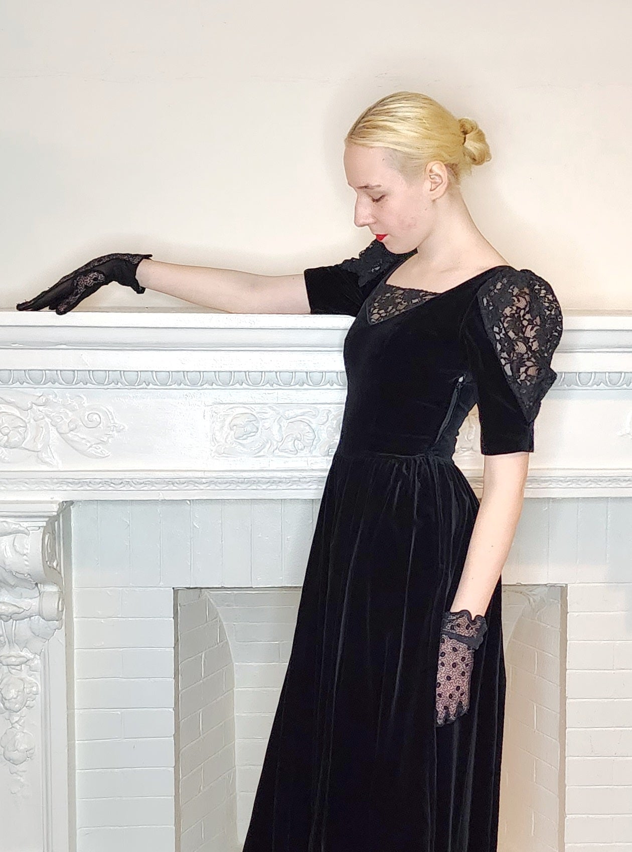 80s Black Velvet Party Dress by Laura Ashley w./ Short Puffed Sleeves / XS