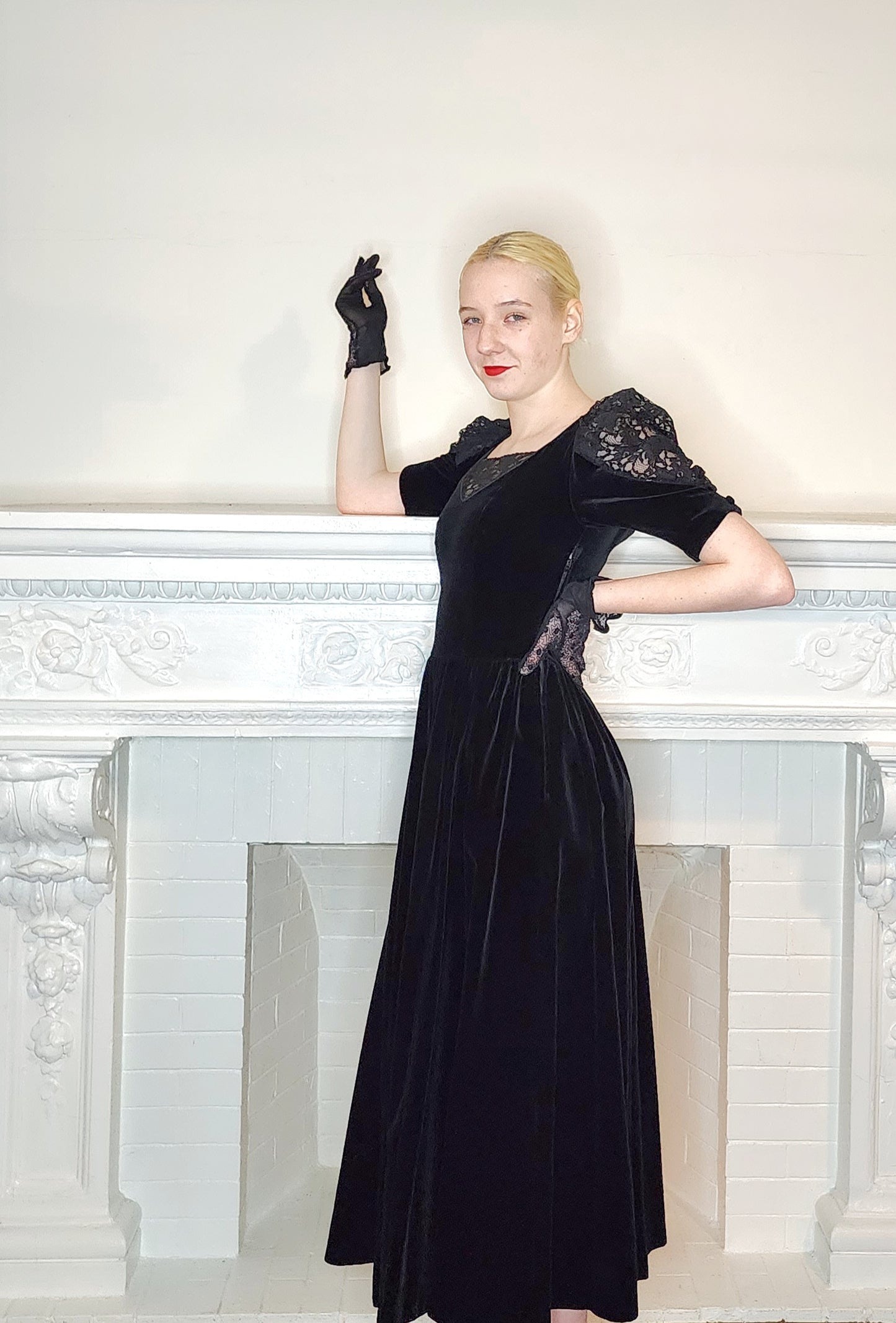 80s Black Velvet Party Dress by Laura Ashley w./ Short Puffed Sleeves / XS