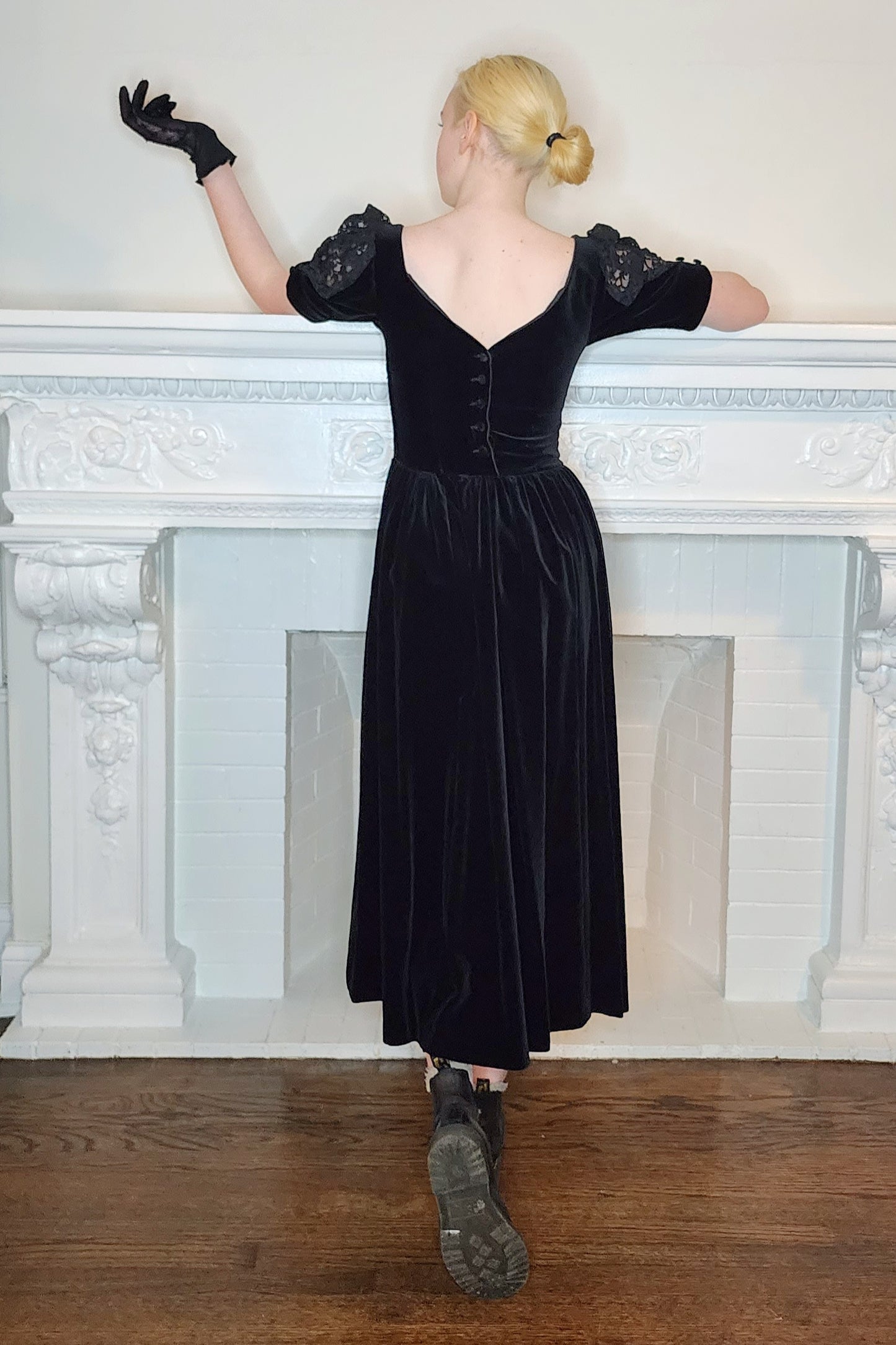 80s Black Velvet Party Dress by Laura Ashley w./ Short Puffed Sleeves / XS