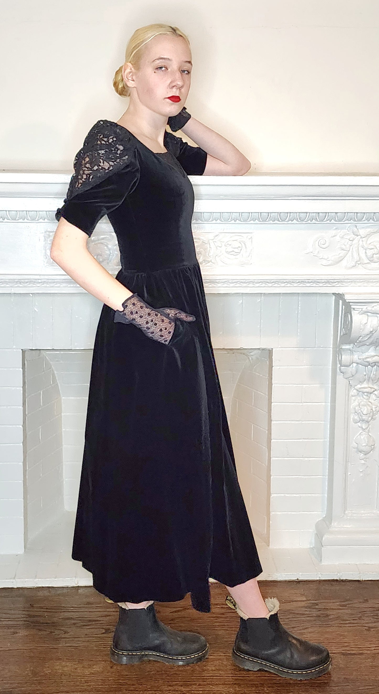 80s Black Velvet Party Dress by Laura Ashley w./ Short Puffed Sleeves / XS