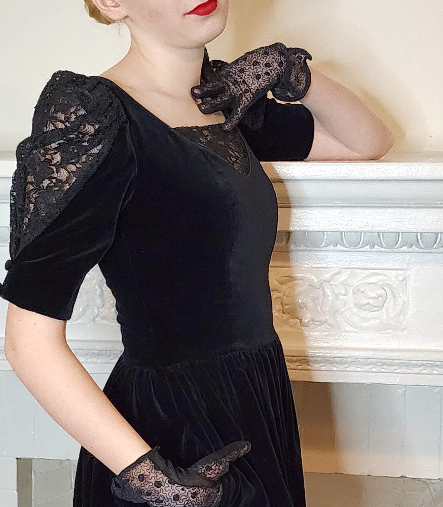 80s Black Velvet Party Dress by Laura Ashley w./ Short Puffed Sleeves / XS