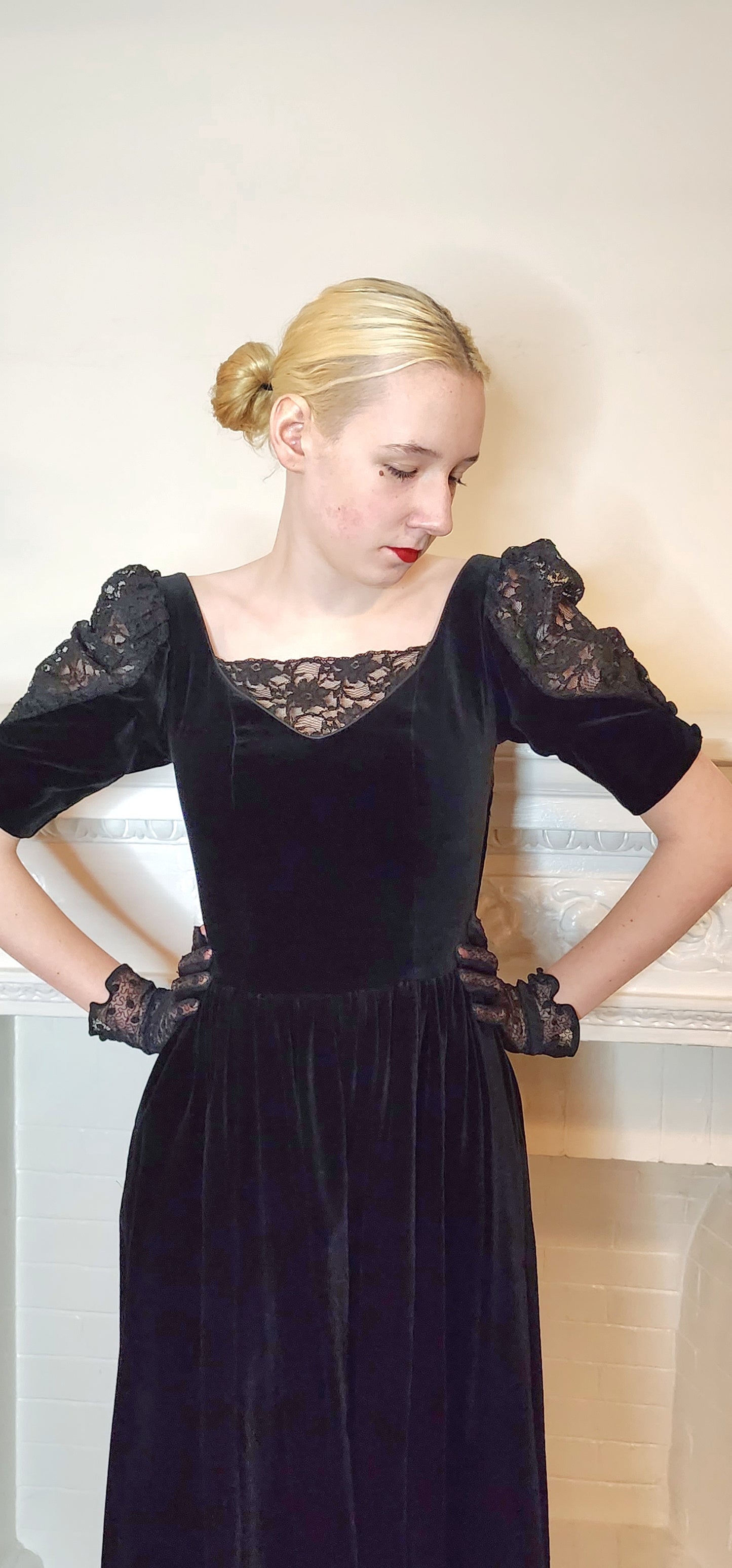 80s Black Velvet Party Dress by Laura Ashley w./ Short Puffed Sleeves / XS