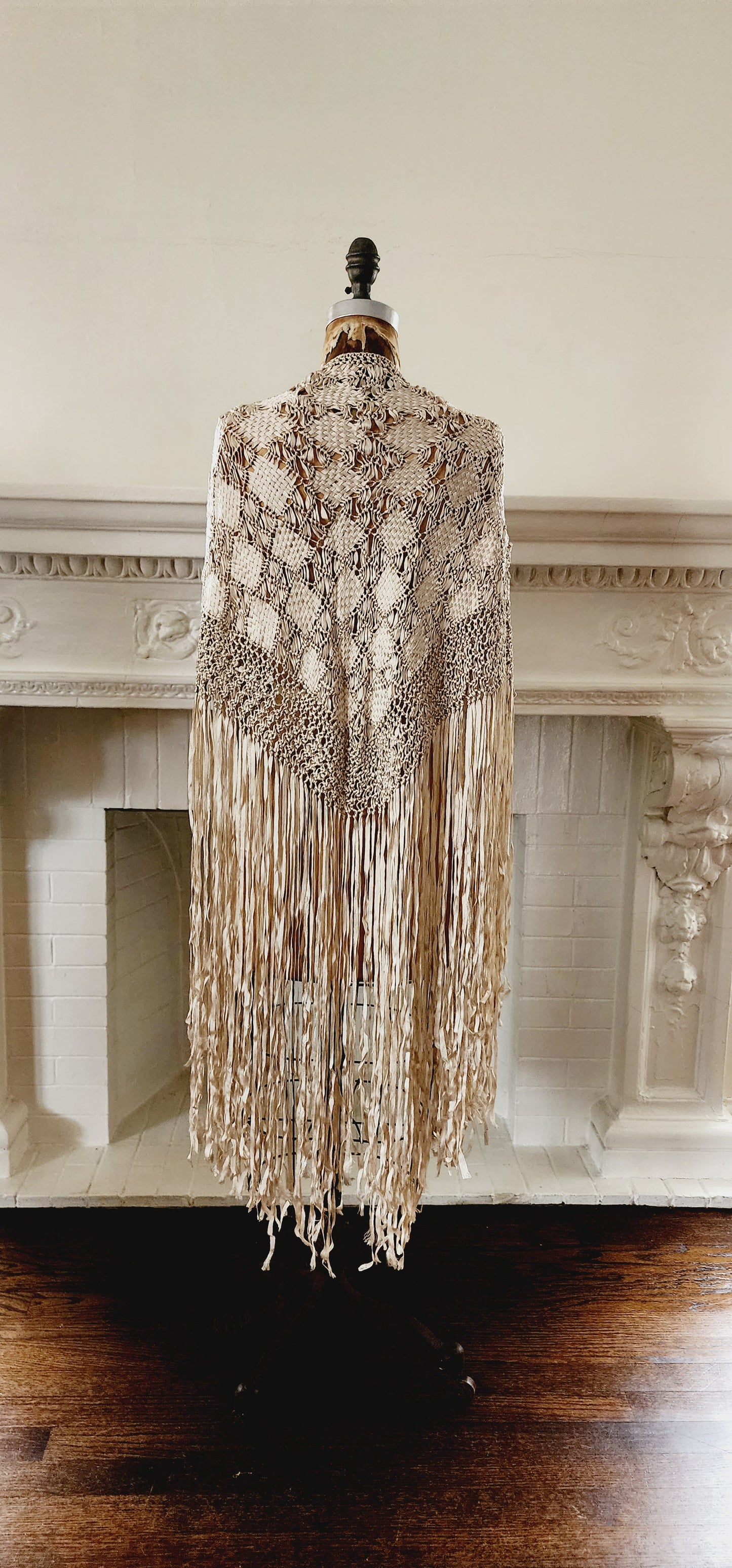 Vintage Cream Shawl or Wrap Silk Knit with Long Fringe and Openwork Lace / Neo-Edwardian