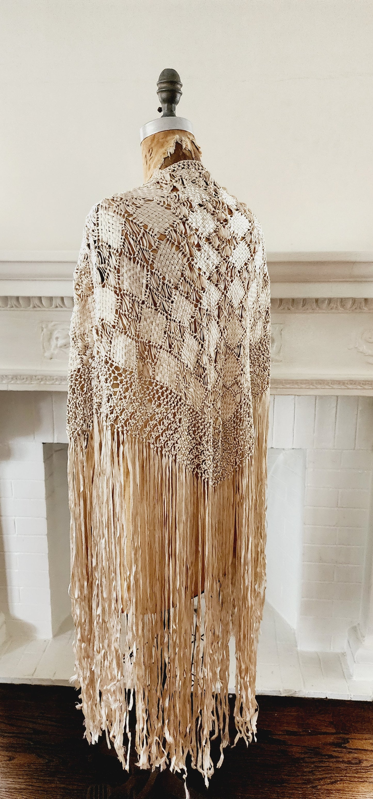 Vintage Cream Shawl or Wrap Silk Knit with Long Fringe and Openwork Lace / Neo-Edwardian