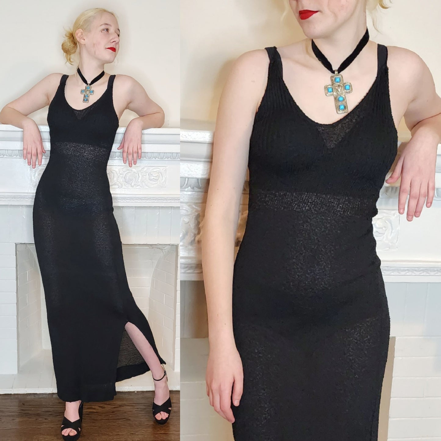 90s Black Knit Evening Dress with Spaghetti Straps / Minimalist Elegance / S