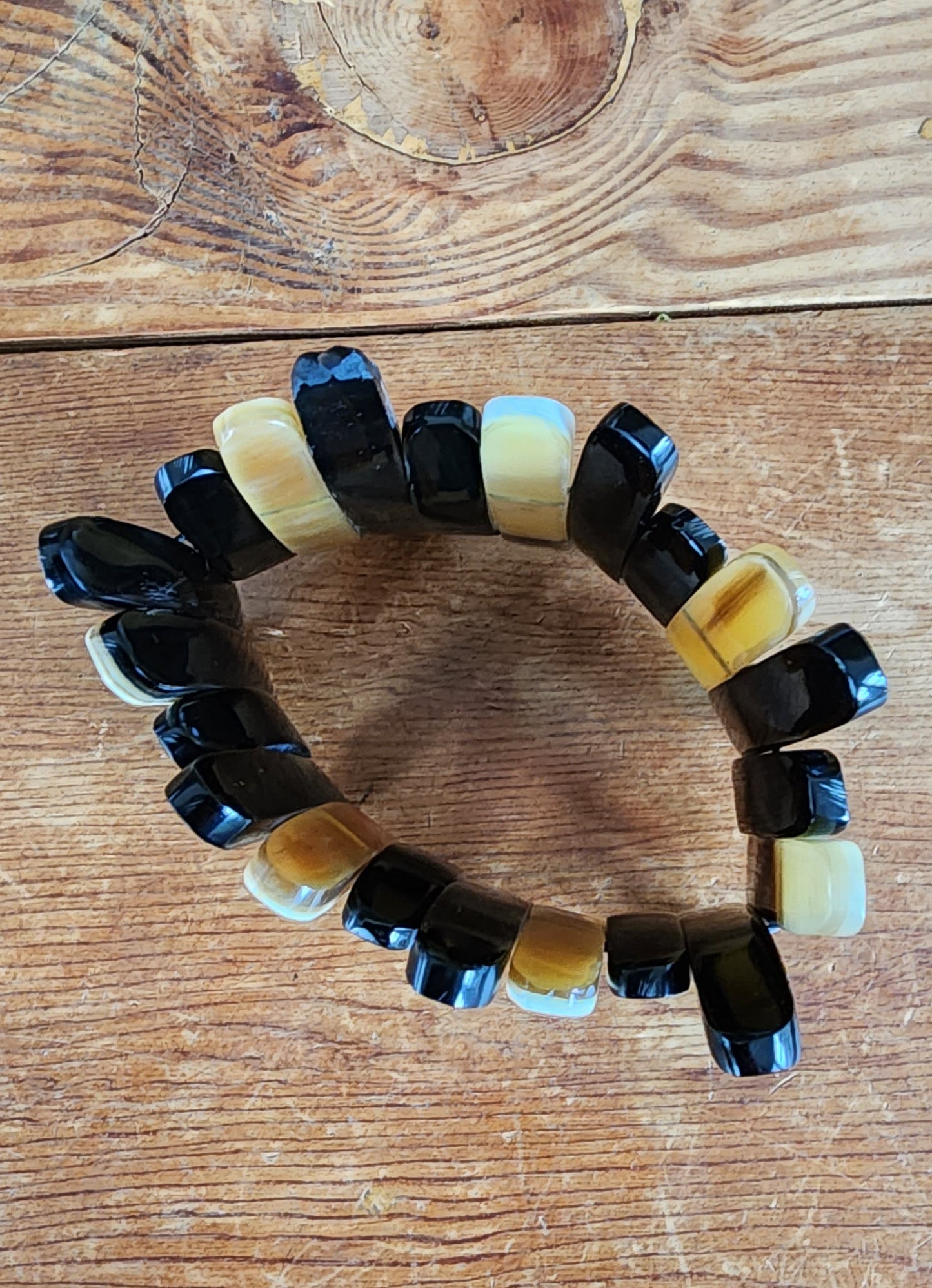70s Bracelet in Black & Beige Stripe, Stretchy Elastic