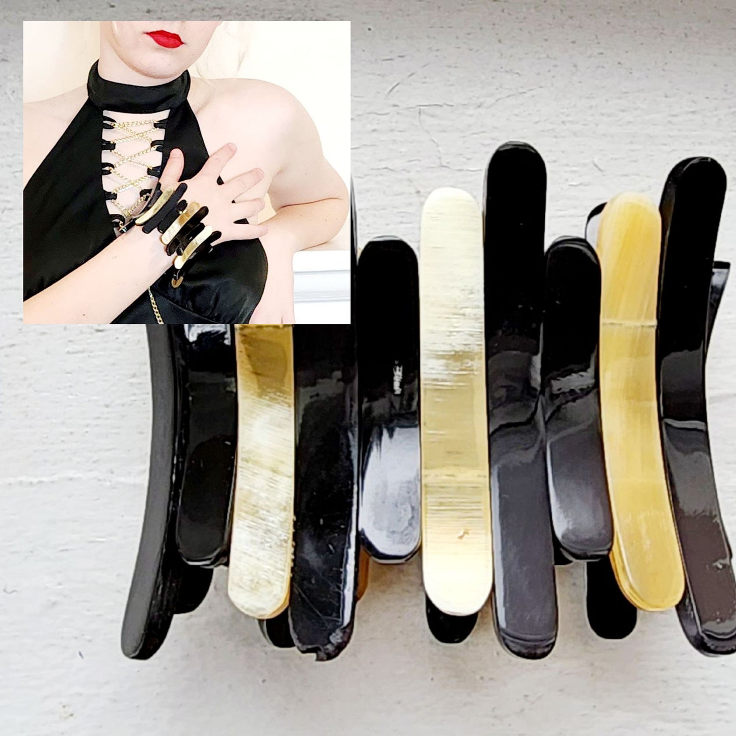70s Bracelet in Black & Beige Stripe, Stretchy Elastic