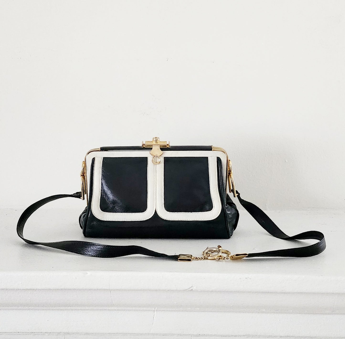 80s Black & White Leather Satchel Bag by Zenith Made in Italy