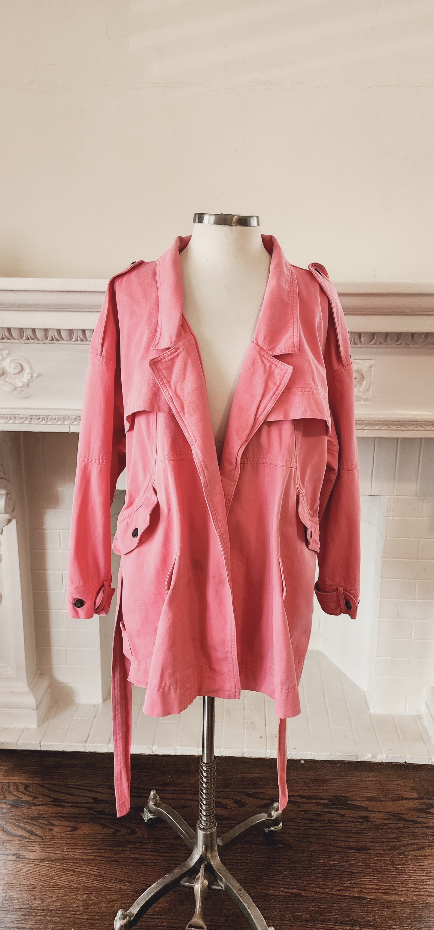 80s 90s Pink Cotton Denim Jacket Hip Length with Matching Belt by Together! Large