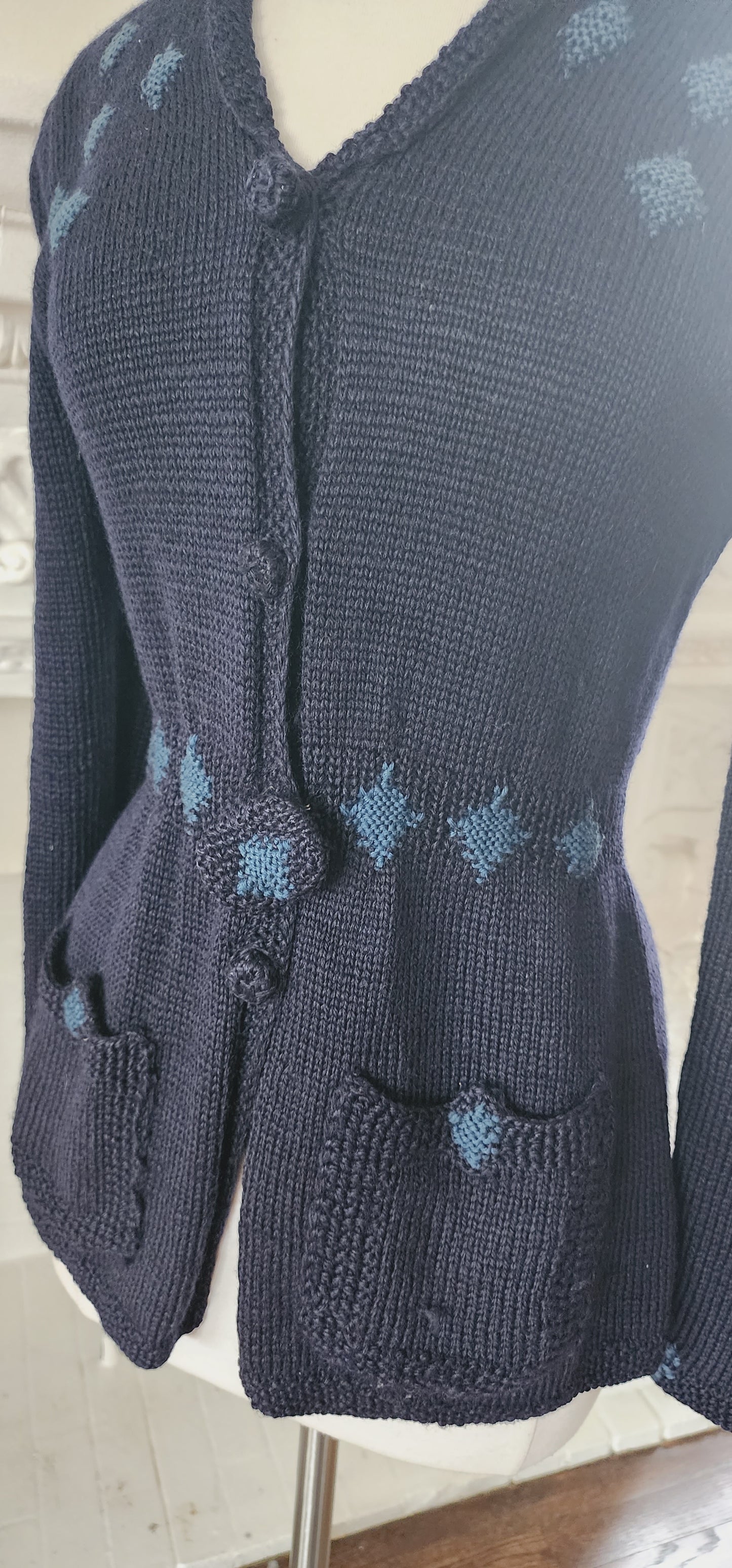 30s Navy Blue Handknit Cardigan with Diamond Panels / Medium