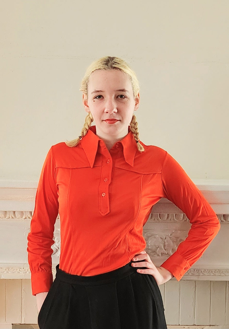 70s Orange Red Long Sleeved Shirt XS w/Large Pointy Collar, By Alexander's