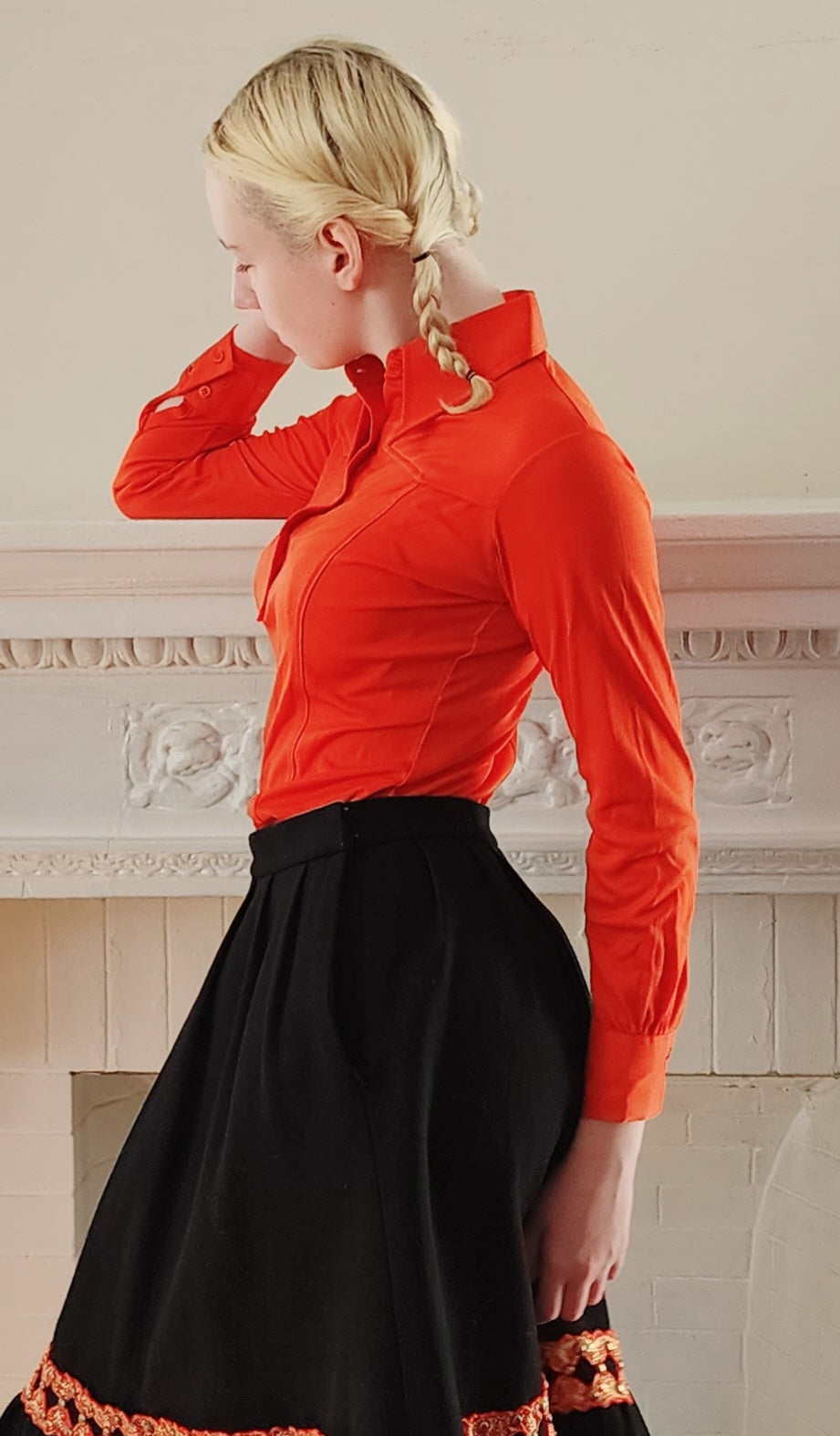 70s Orange Red Long Sleeved Shirt XS w/Large Pointy Collar, By Alexander's