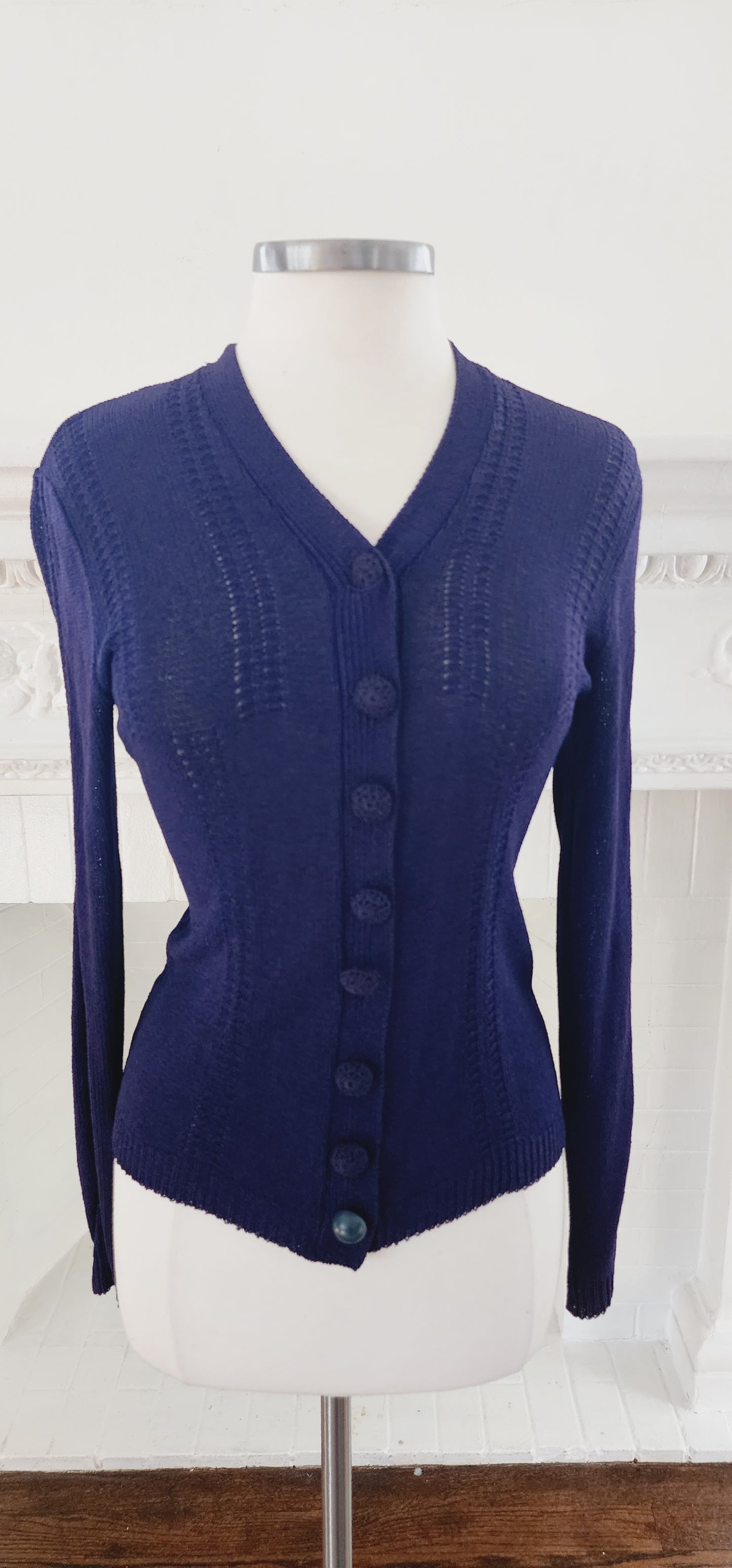 1930s Navy Blue Handknit Cardigan Sunday Night Knits by Marinette / S