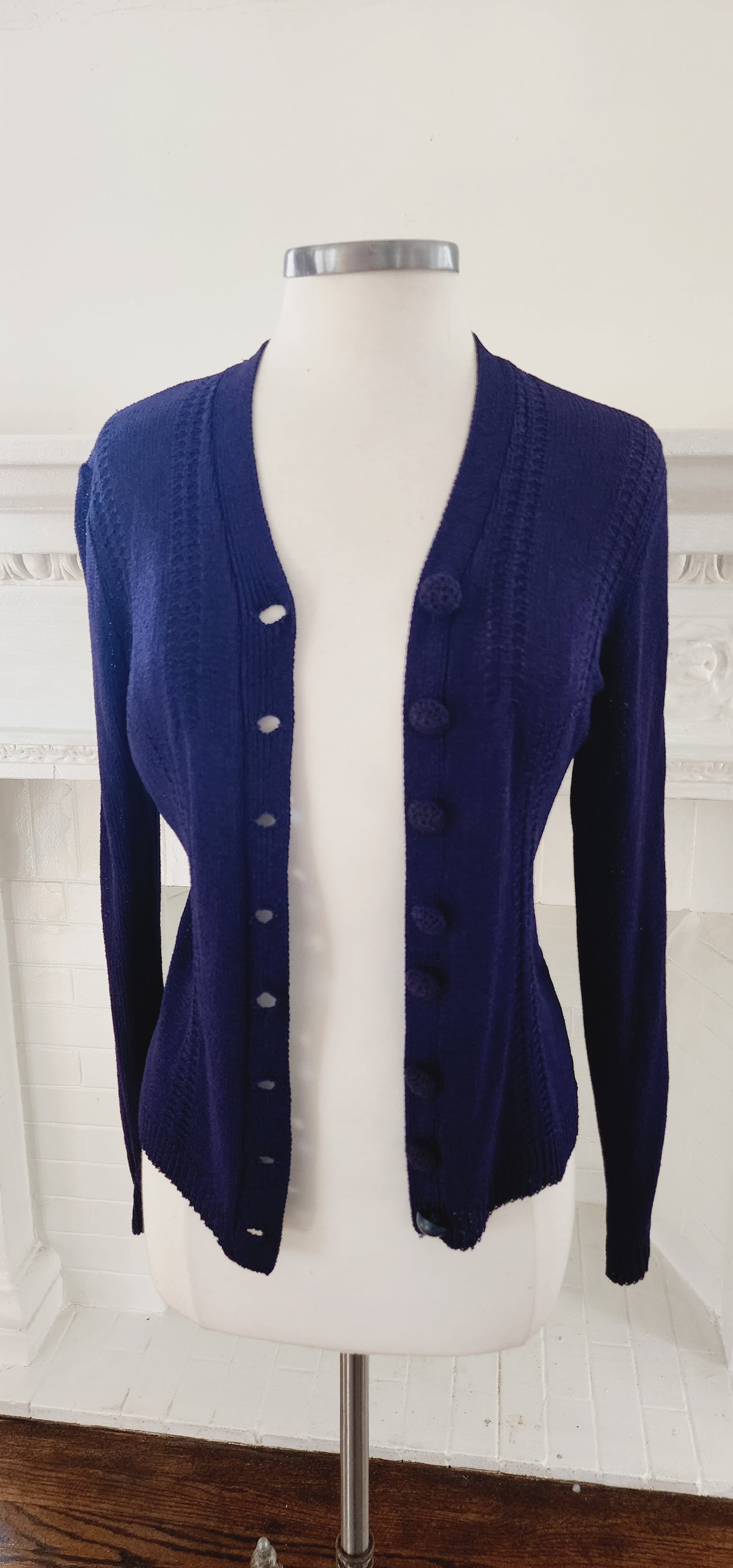 1930s Navy Blue Handknit Cardigan Sunday Night Knits by Marinette / S