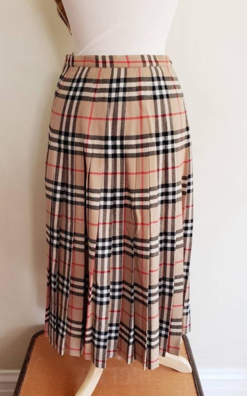 1970s Burberry Skirt Signature Plaid Wrap Around Kilt Archive Beige / 70s Designer British Tartan House Check Pleated Midi Skirt / M